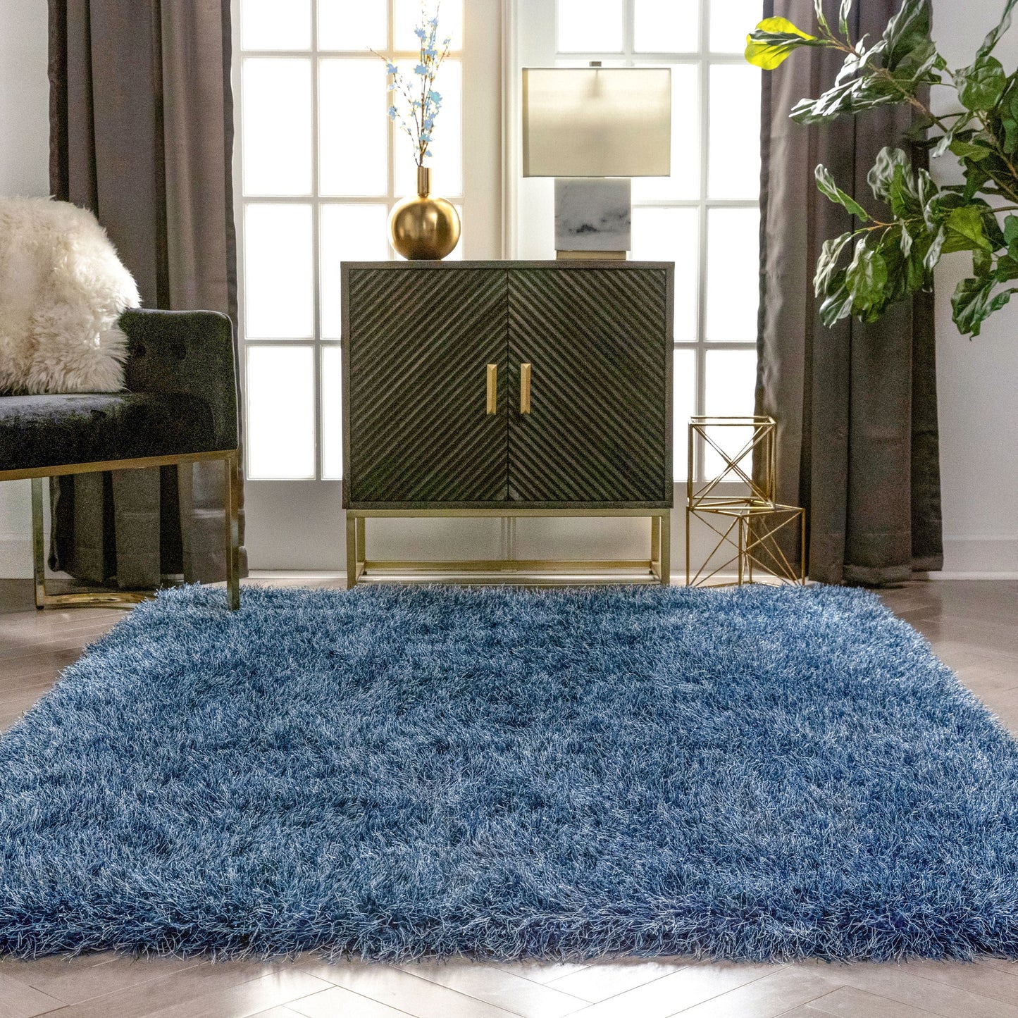 Chie Glam Solid Ultra-Soft Navy Blue Shag Rug KU-14