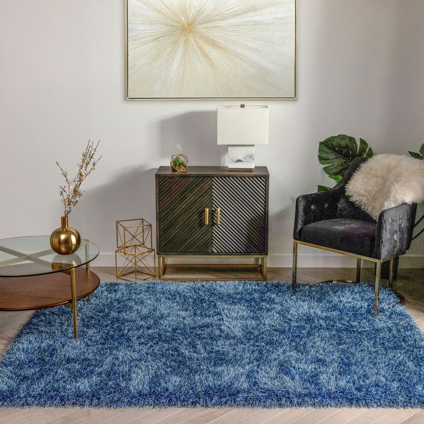 Chie Glam Solid Ultra-Soft Navy Blue Shag Rug KU-14