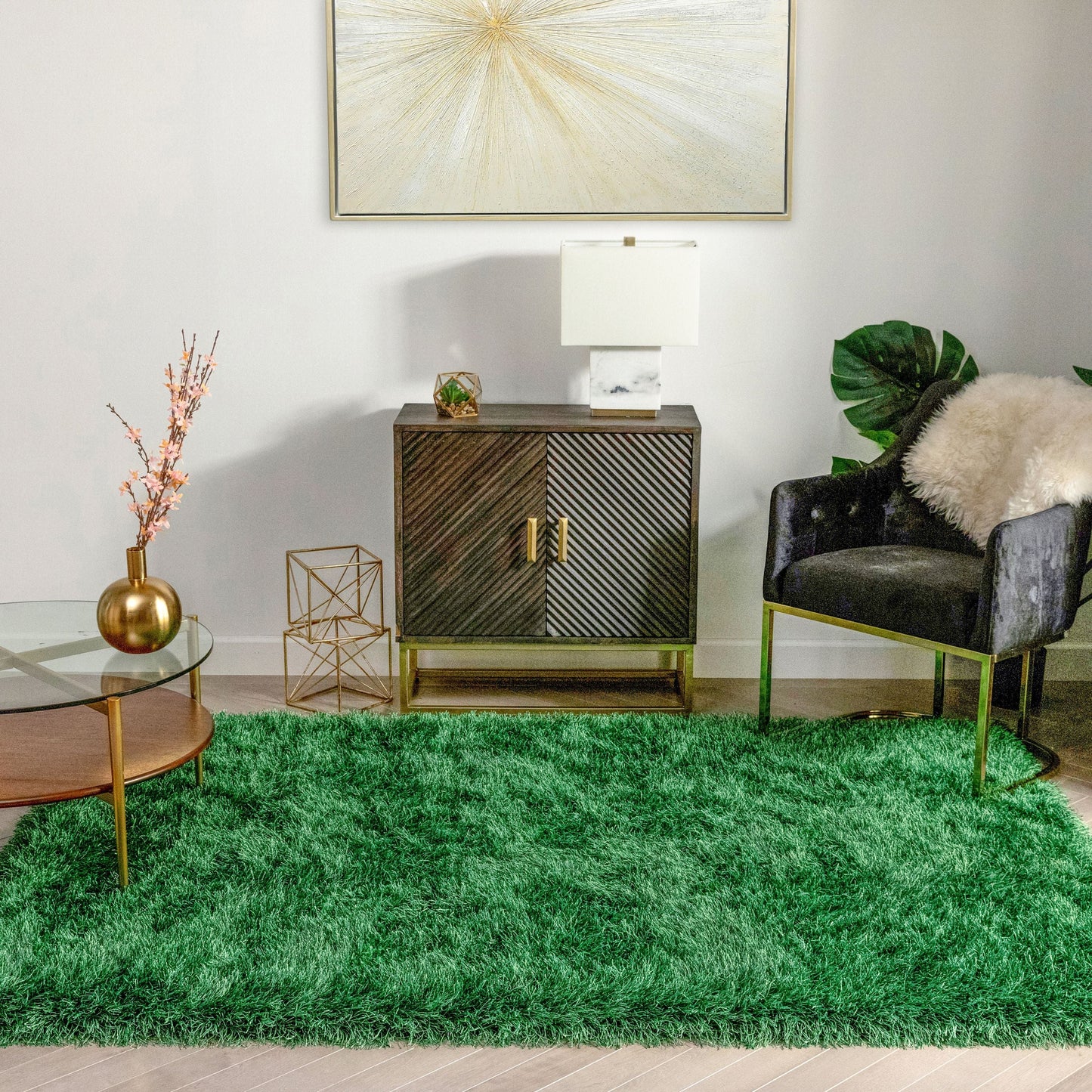 Chie Glam Solid Ultra-Soft Green Shag Rug KU-15