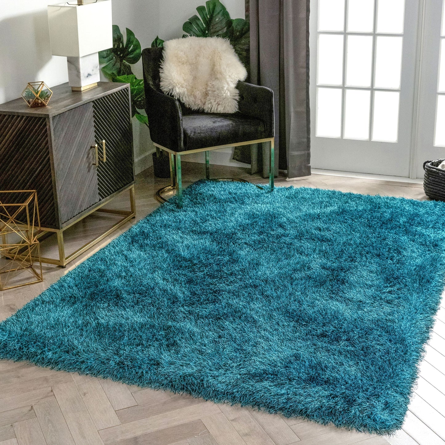 Chie Glam Solid Ultra-Soft Teal Shag Rug KU-18