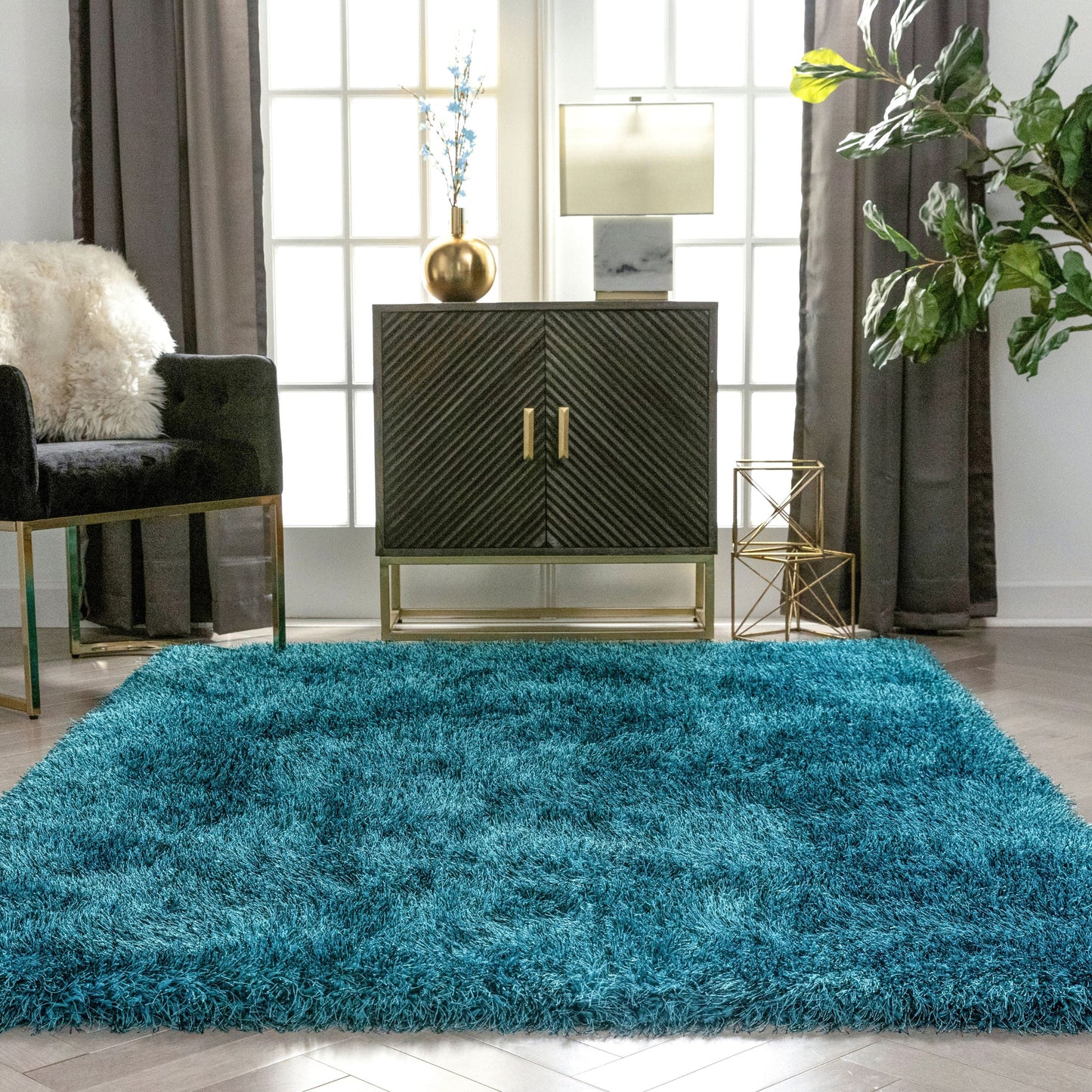 Chie Glam Solid Ultra-Soft Teal Shag Rug KU-18
