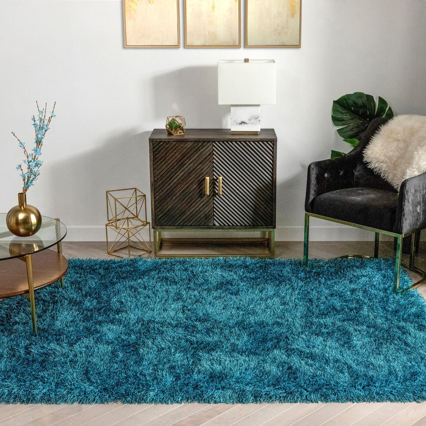 Chie Glam Solid Ultra-Soft Teal Shag Rug KU-18