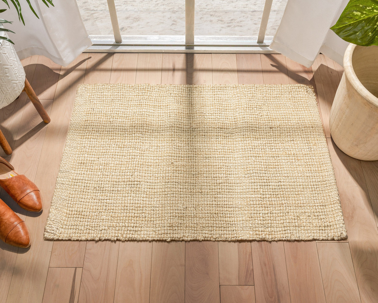 Boucle Hand-Woven Jute Rug Farmhouse Solid Pattern Off-White Chunky-Textured Rug LAN-12