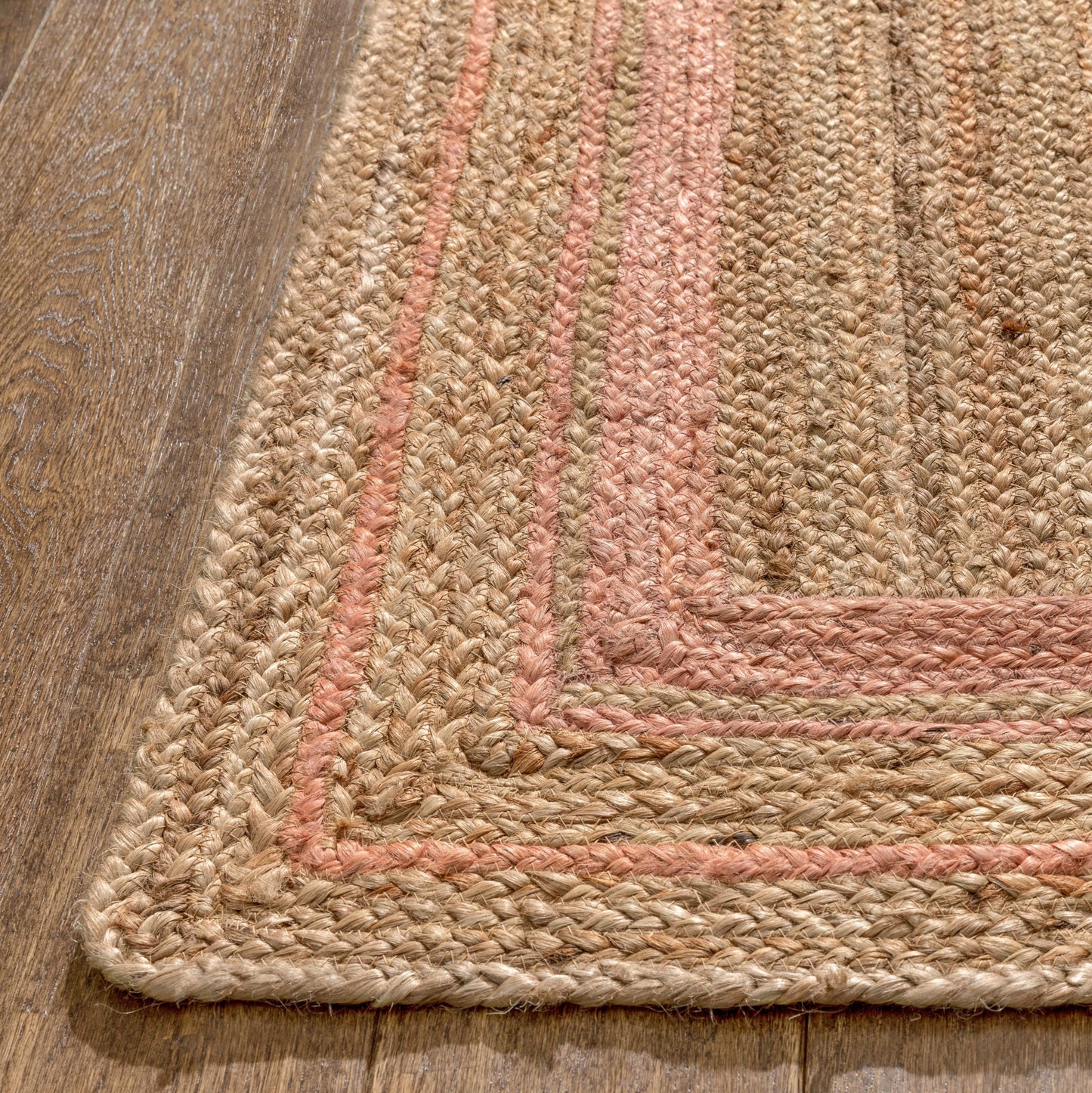 Border Pattern Contemporary Blush & Natural Color Hand-Braided Basket Weave Jute Rug LAR-29