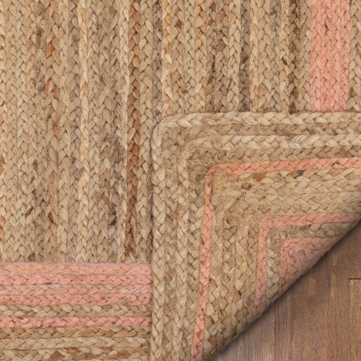 Border Pattern Contemporary Blush & Natural Color Hand-Braided Basket Weave Jute Rug LAR-29