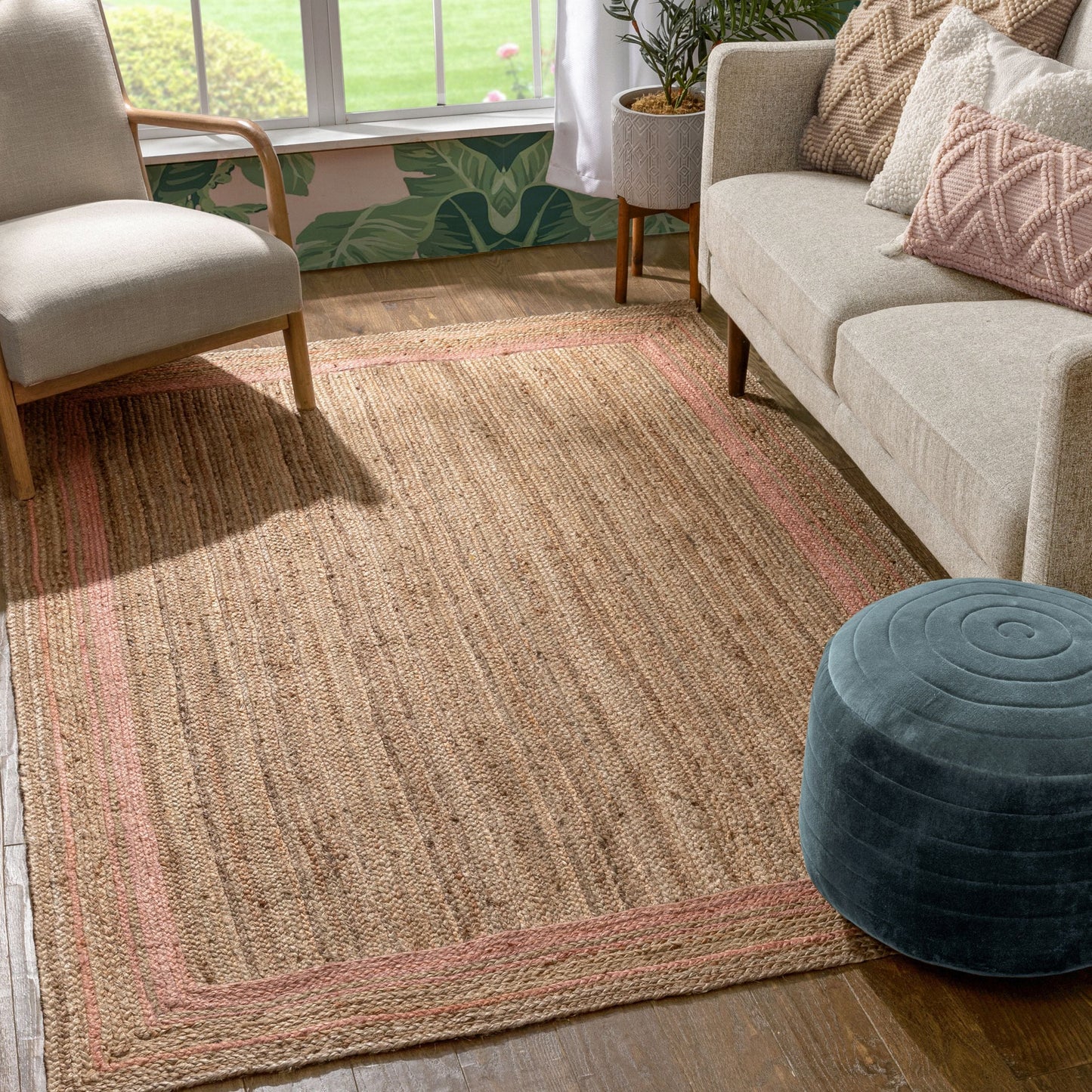 Border Pattern Contemporary Blush & Natural Color Hand-Braided Basket Weave Jute Rug LAR-29