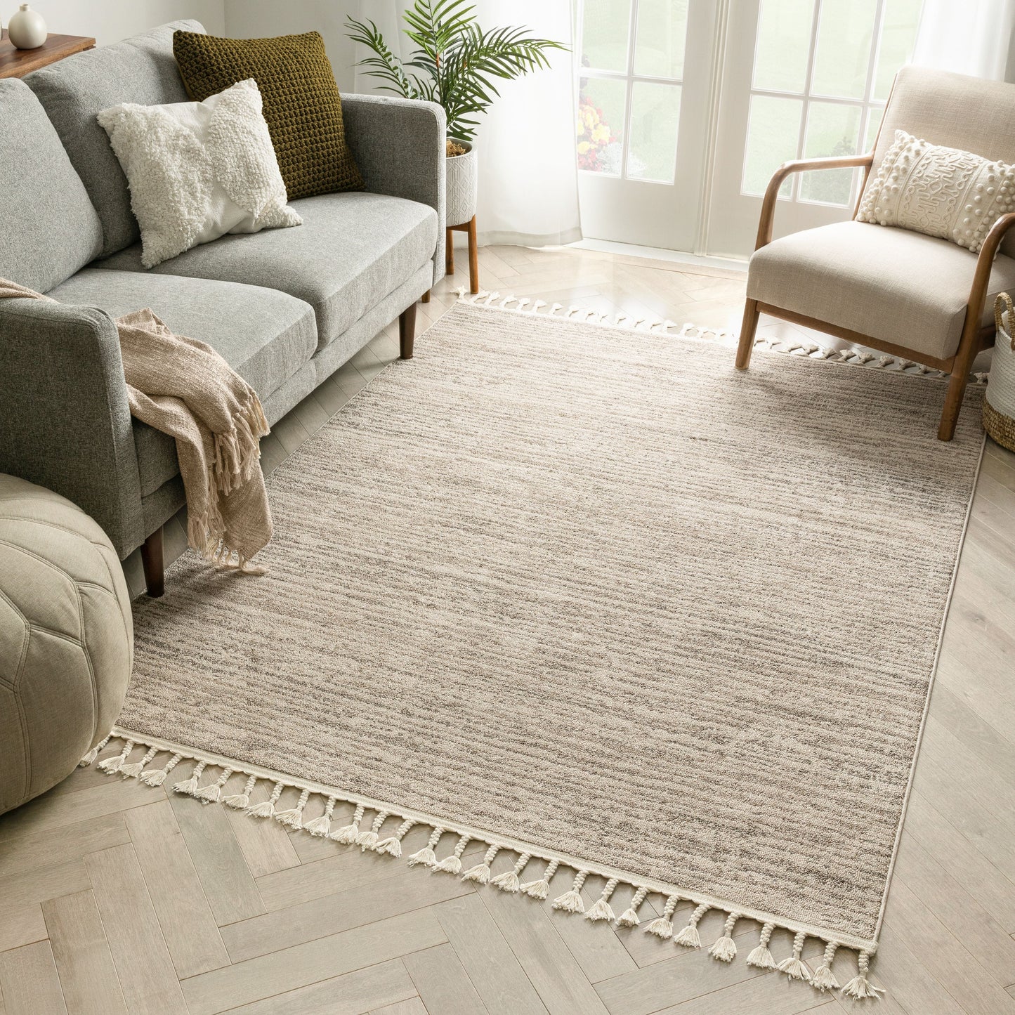 Turin Modern Abstract Striation Beige Kilim-Style Rug LDL-102