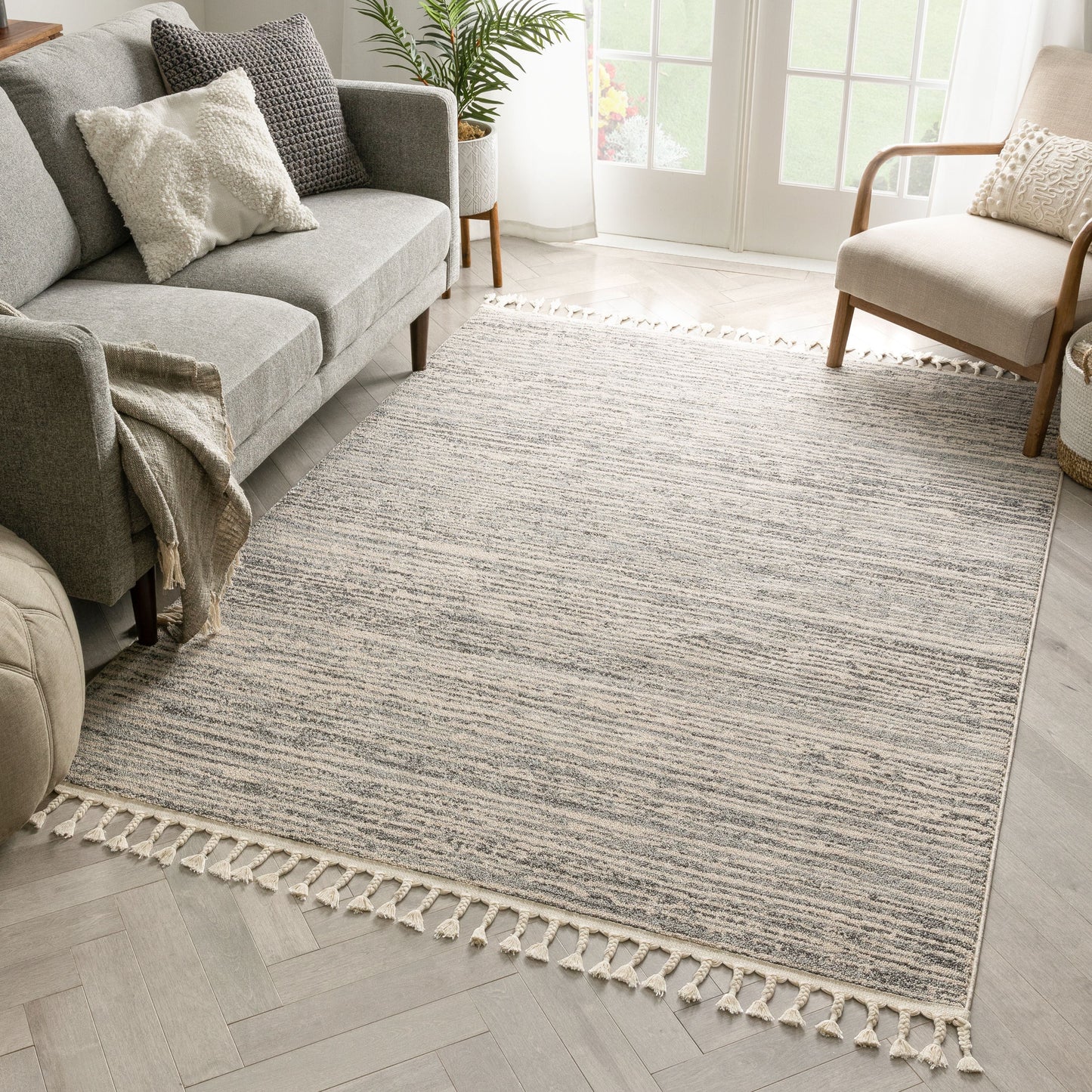 Turin Modern Abstract Striation Grey Kilim-Style Rug LDL-107