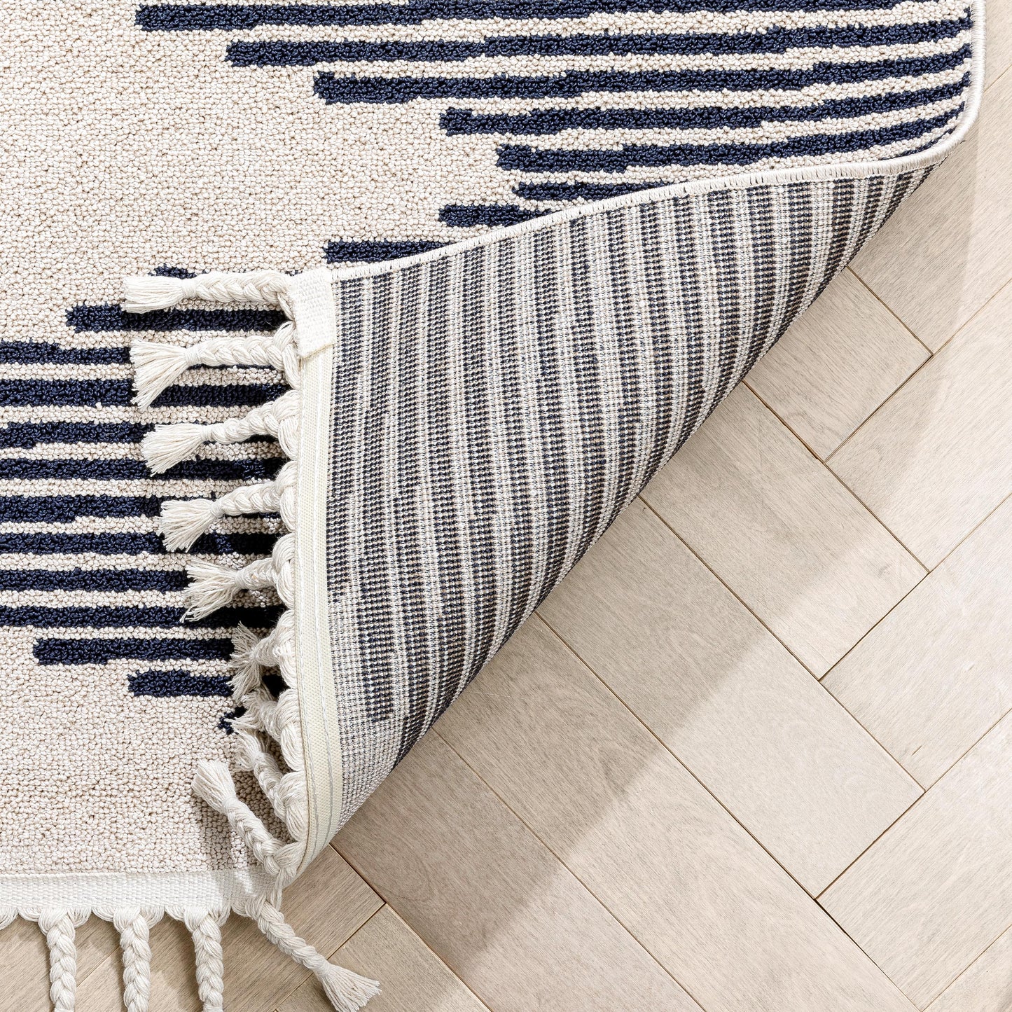Zipped Tribal Aztec Geometric Ivory & Navy Blue Kilim-Style Rug LDL-12