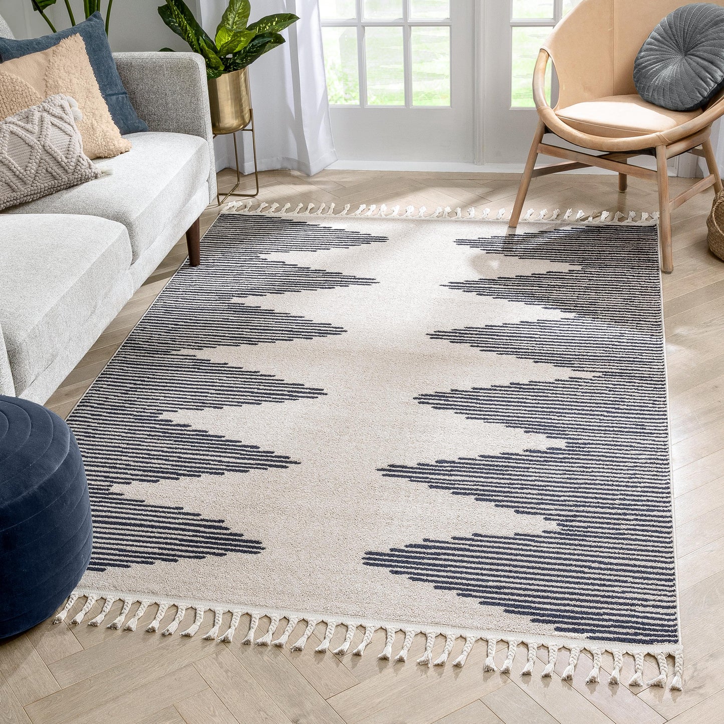 Zipped Tribal Aztec Geometric Ivory & Navy Blue Kilim-Style Rug LDL-12