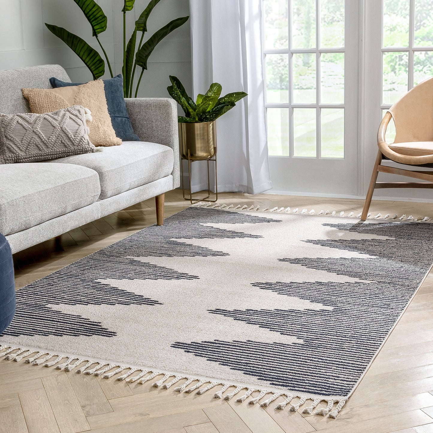 Zipped Tribal Aztec Geometric Ivory & Navy Blue Kilim-Style Rug LDL-12