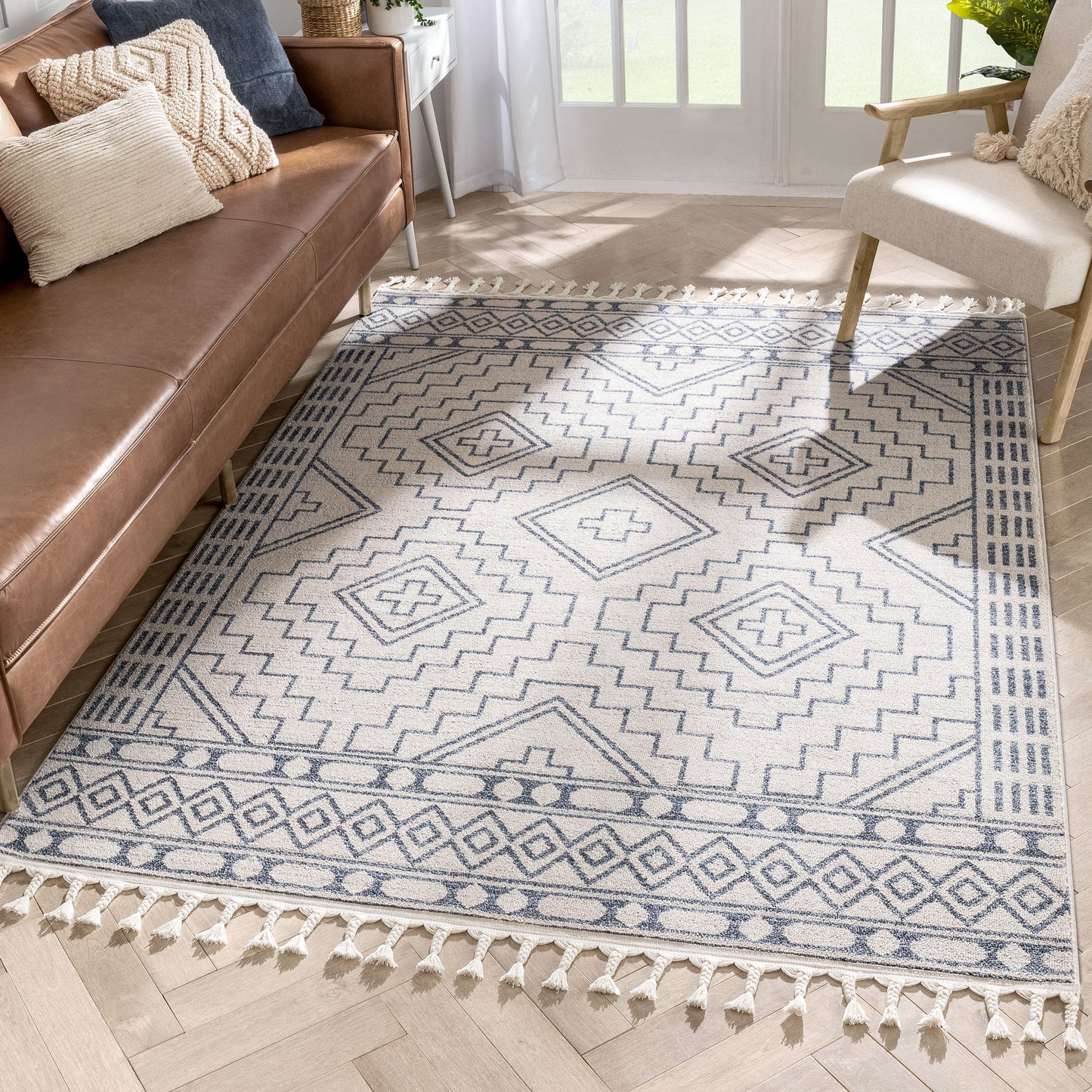 Zafer Tribal Geometric Pattern Light Blue Ivory Kilim-Style RugLDL-216