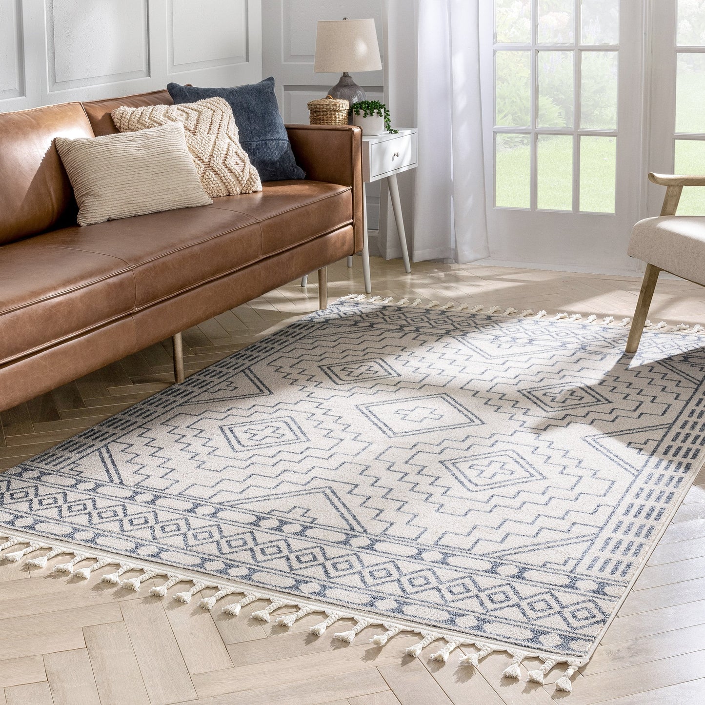 Zafer Tribal Geometric Pattern Light Blue Ivory Kilim-Style RugLDL-216
