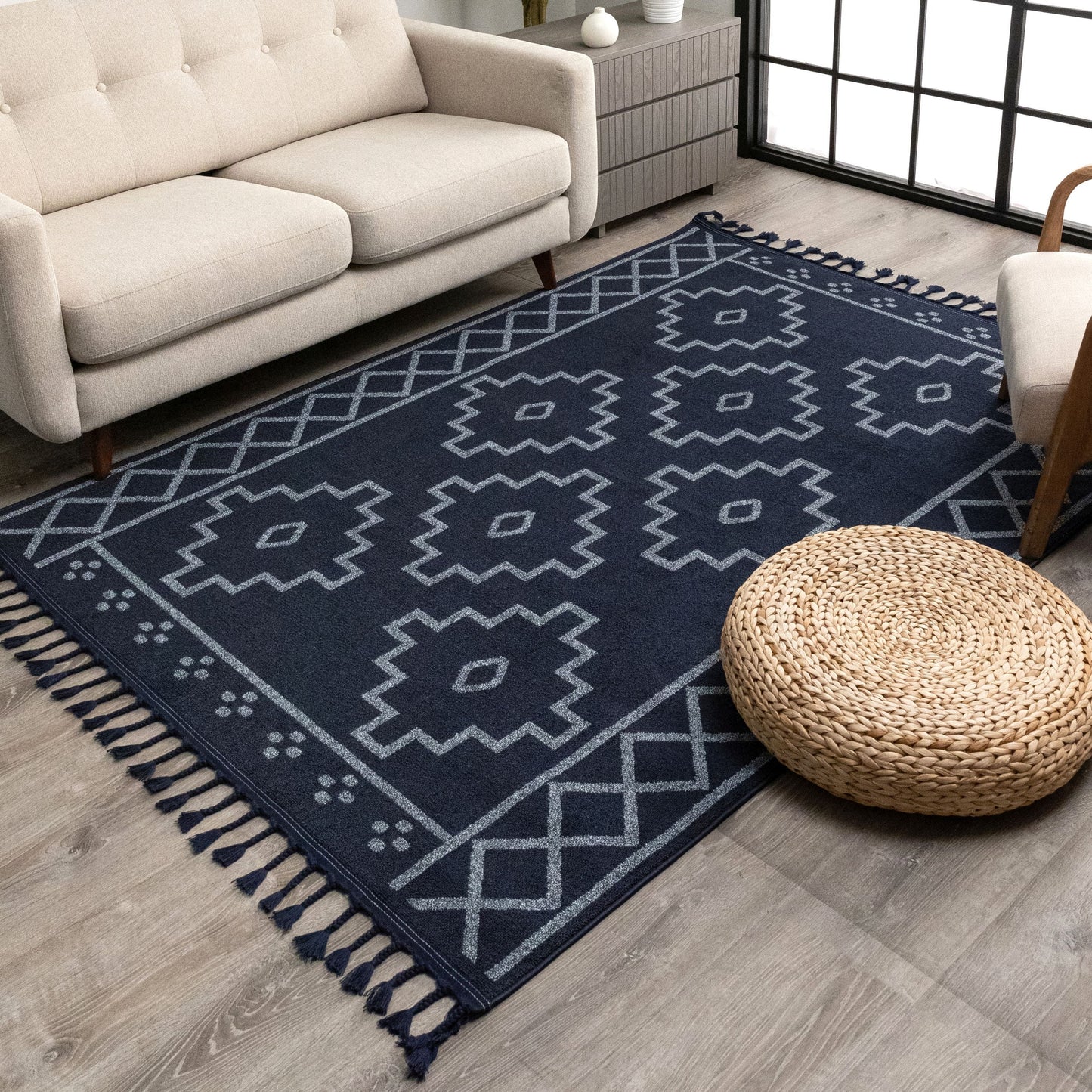 Mica Southwestern Tribal Geometric Dark Blue Kilim-Style Rug LDL-24