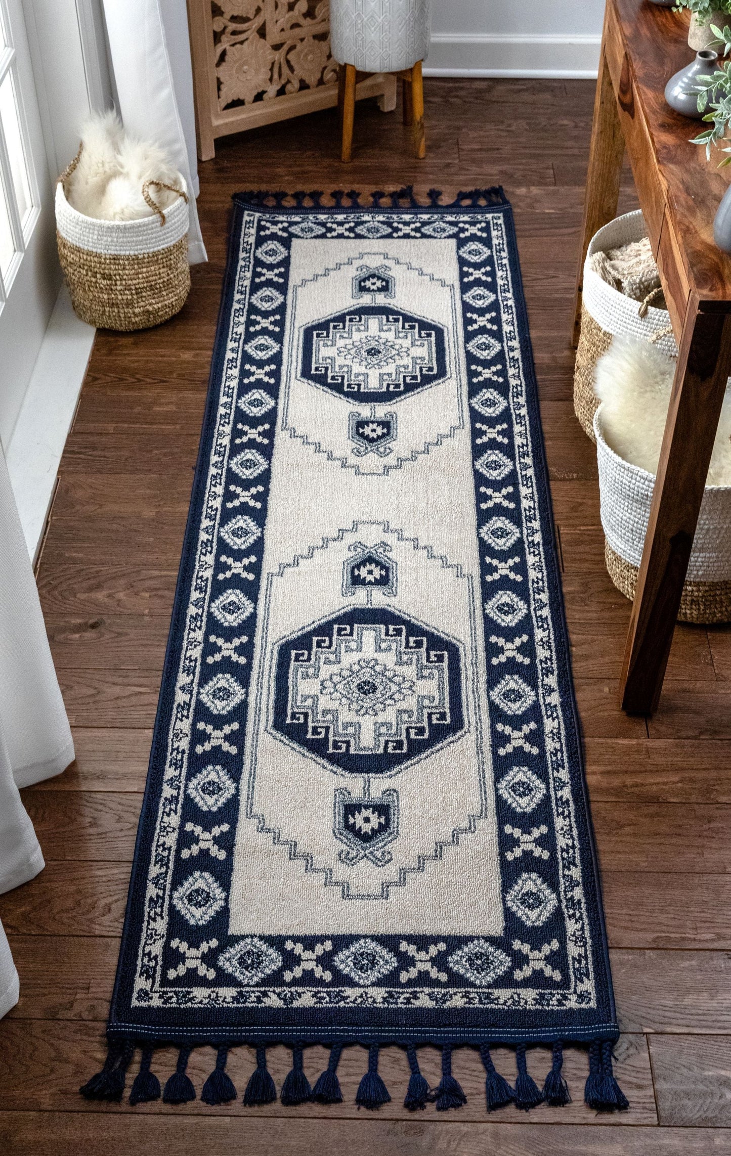 Kaya Southwestern Tribal Medallion Dark Blue Kilim-Style Rug LDL-34