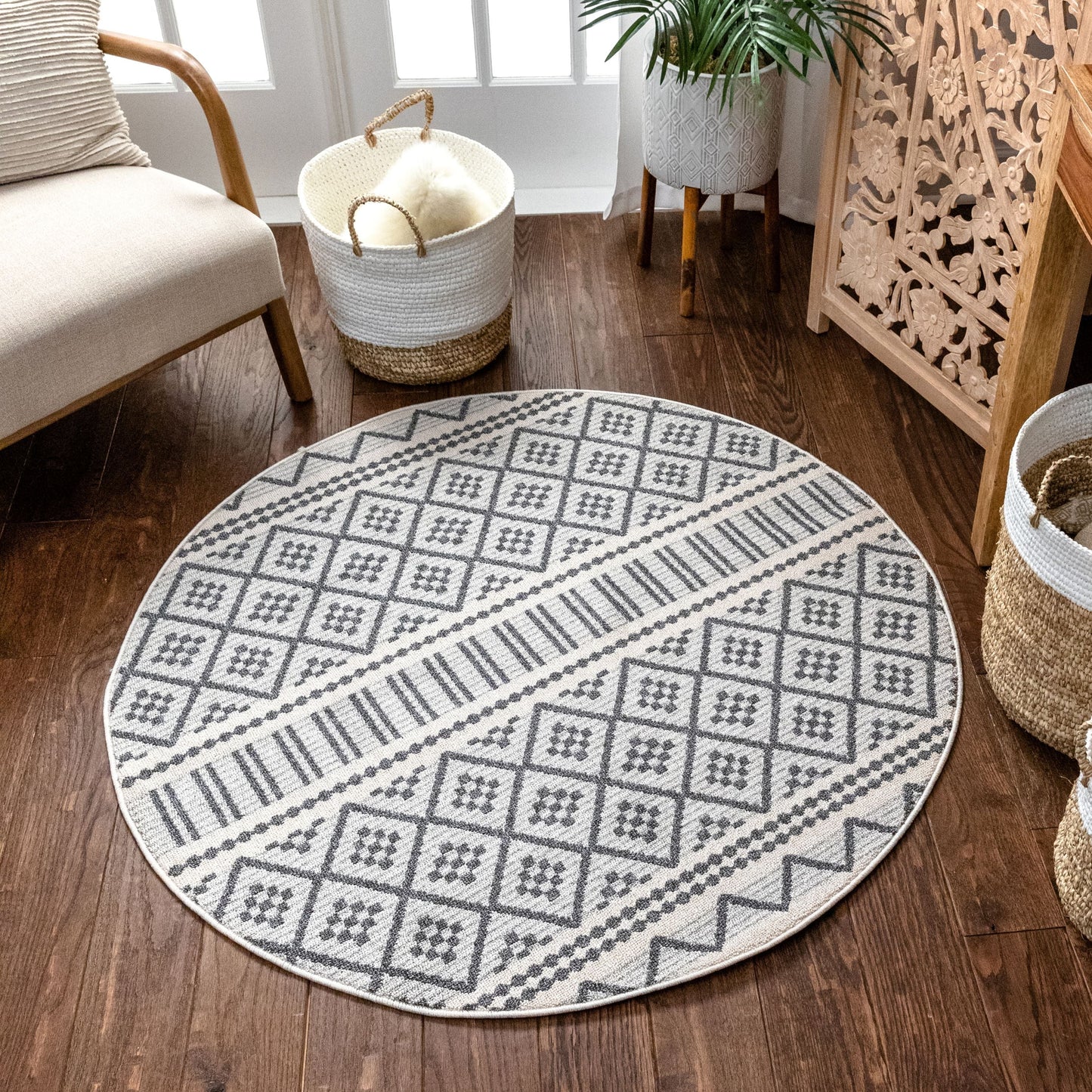 Covina Tribal Geometric Diamond Grey Kilim-Style Rug LDL-88