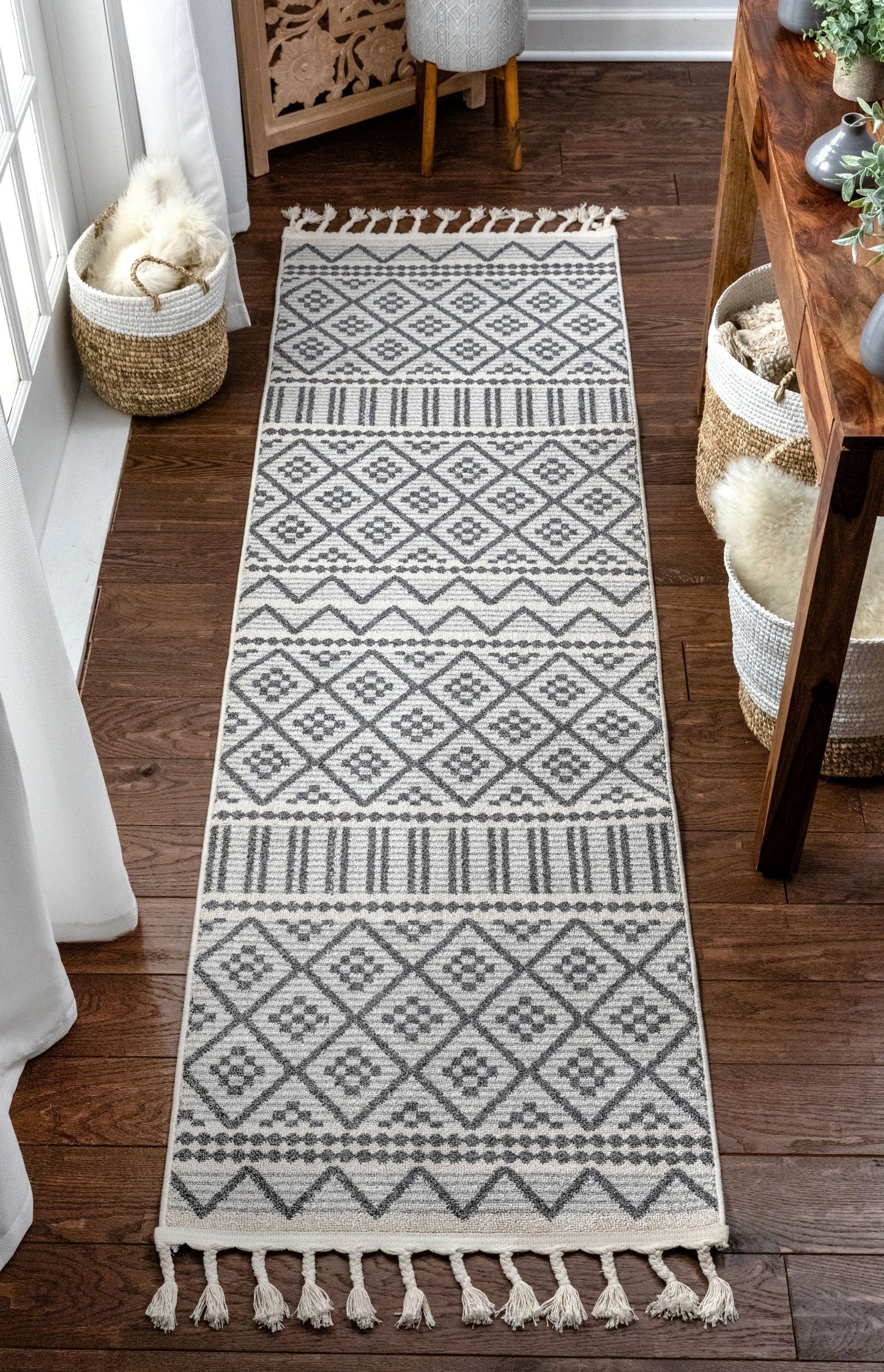 Covina Tribal Geometric Diamond Grey Kilim-Style Rug LDL-88