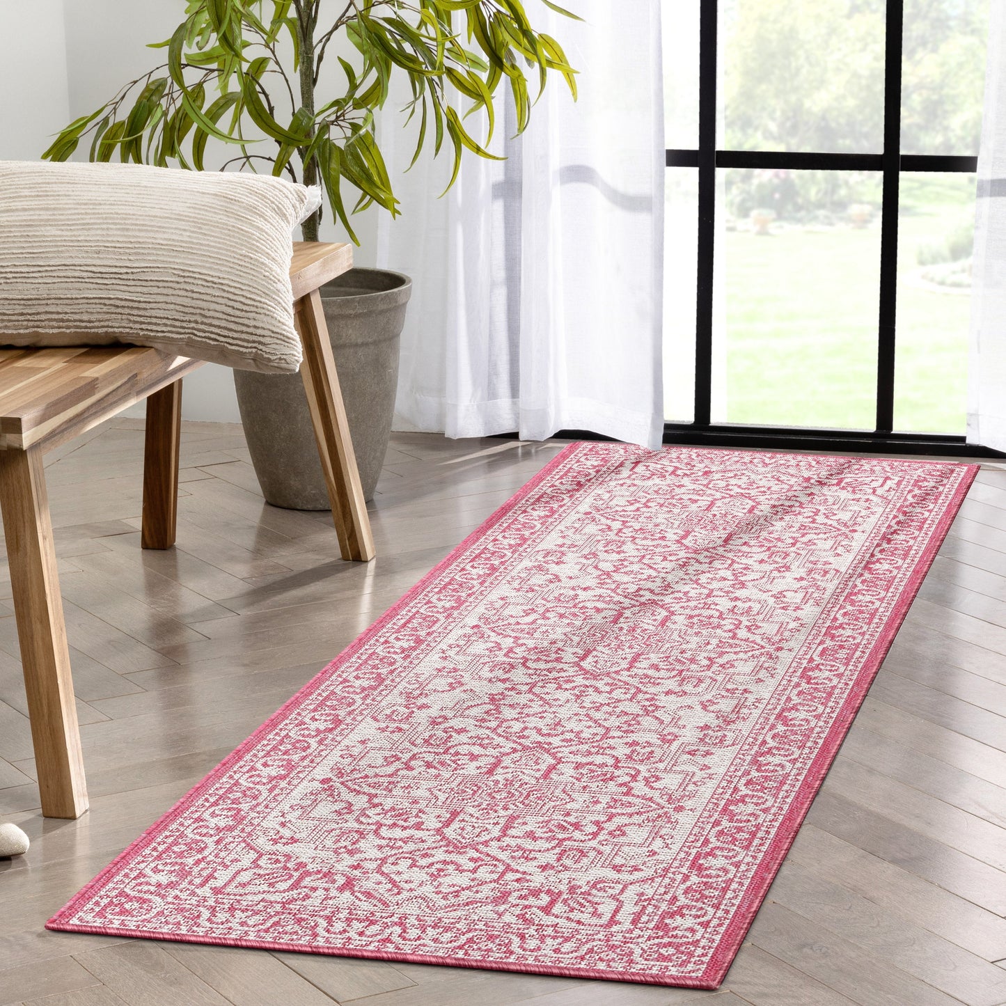 Celesine Oriental Medallion Indoor/Outdoor Fuschia Flat-Weave Rug LIA-190