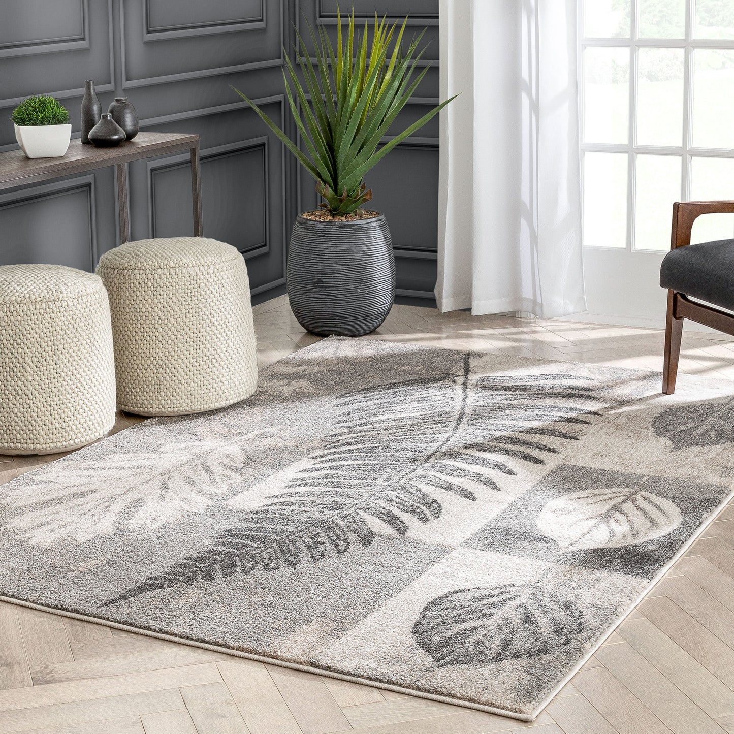 Odette Botanical Transitional Leaves Grey Vintage Rug LIS-117