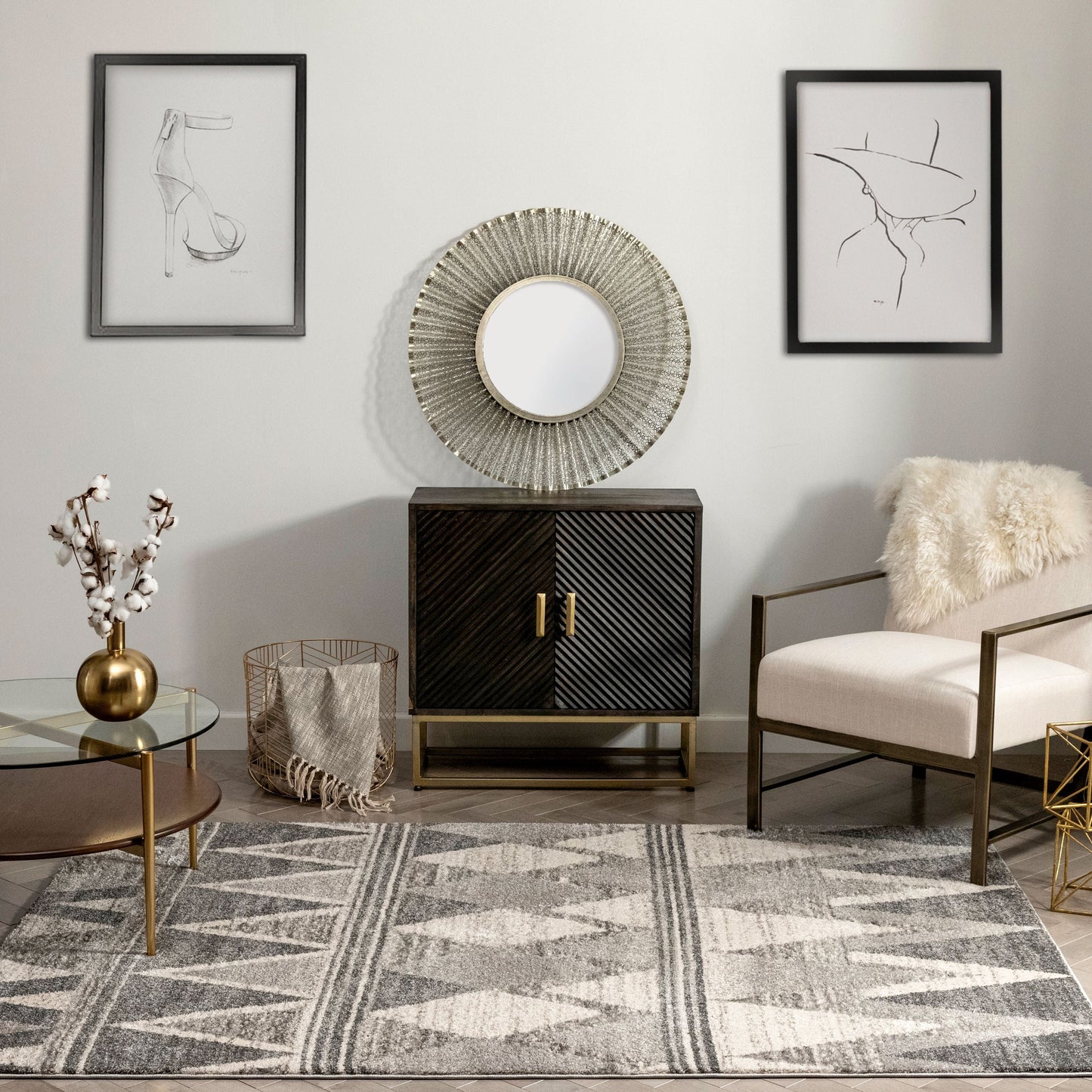 Minas Distressed Geometric Diamond Pattern Grey Rug LIS-97