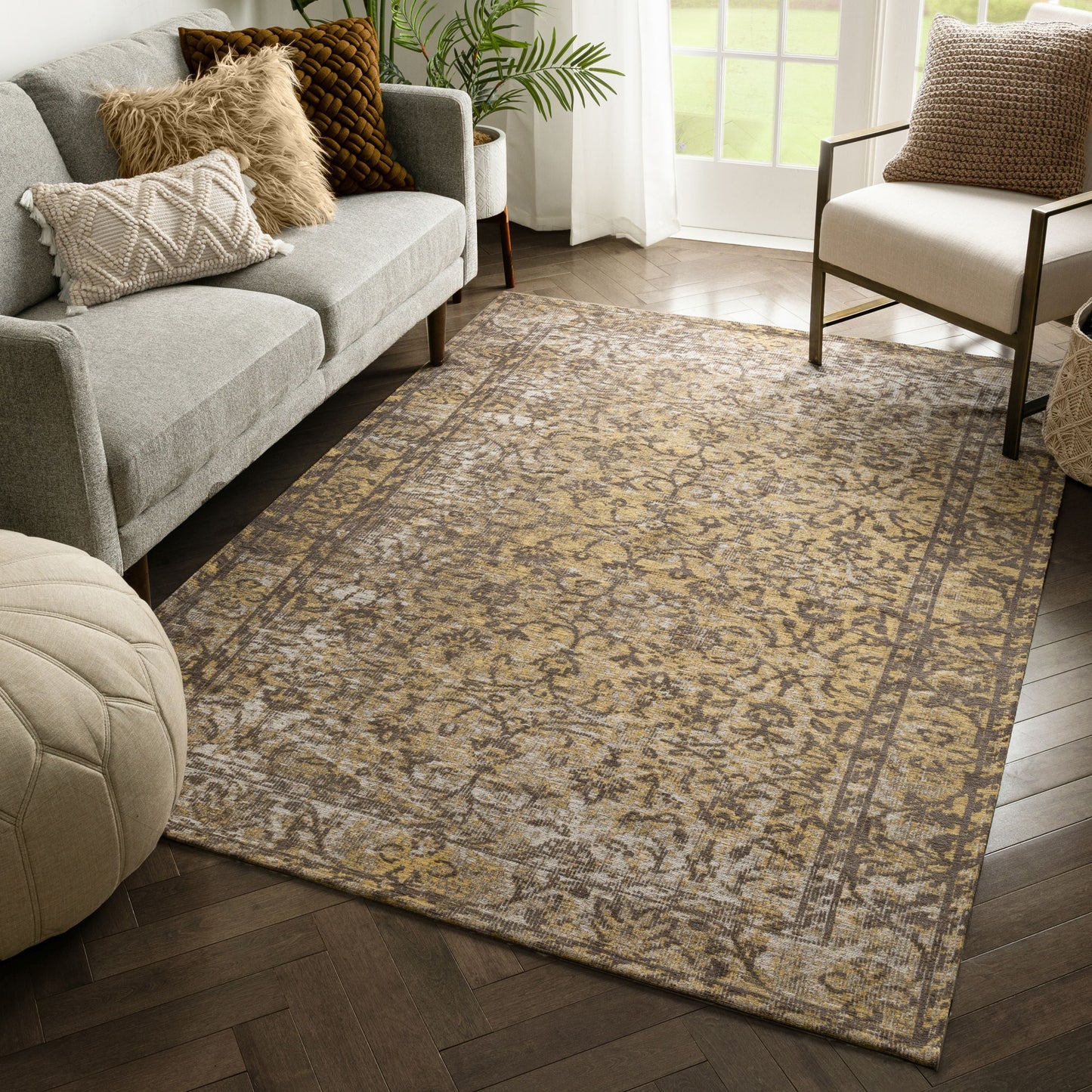 Nola Vintage Distressed Orietnal Floral Yellow Kilim-Style Rug LL-11