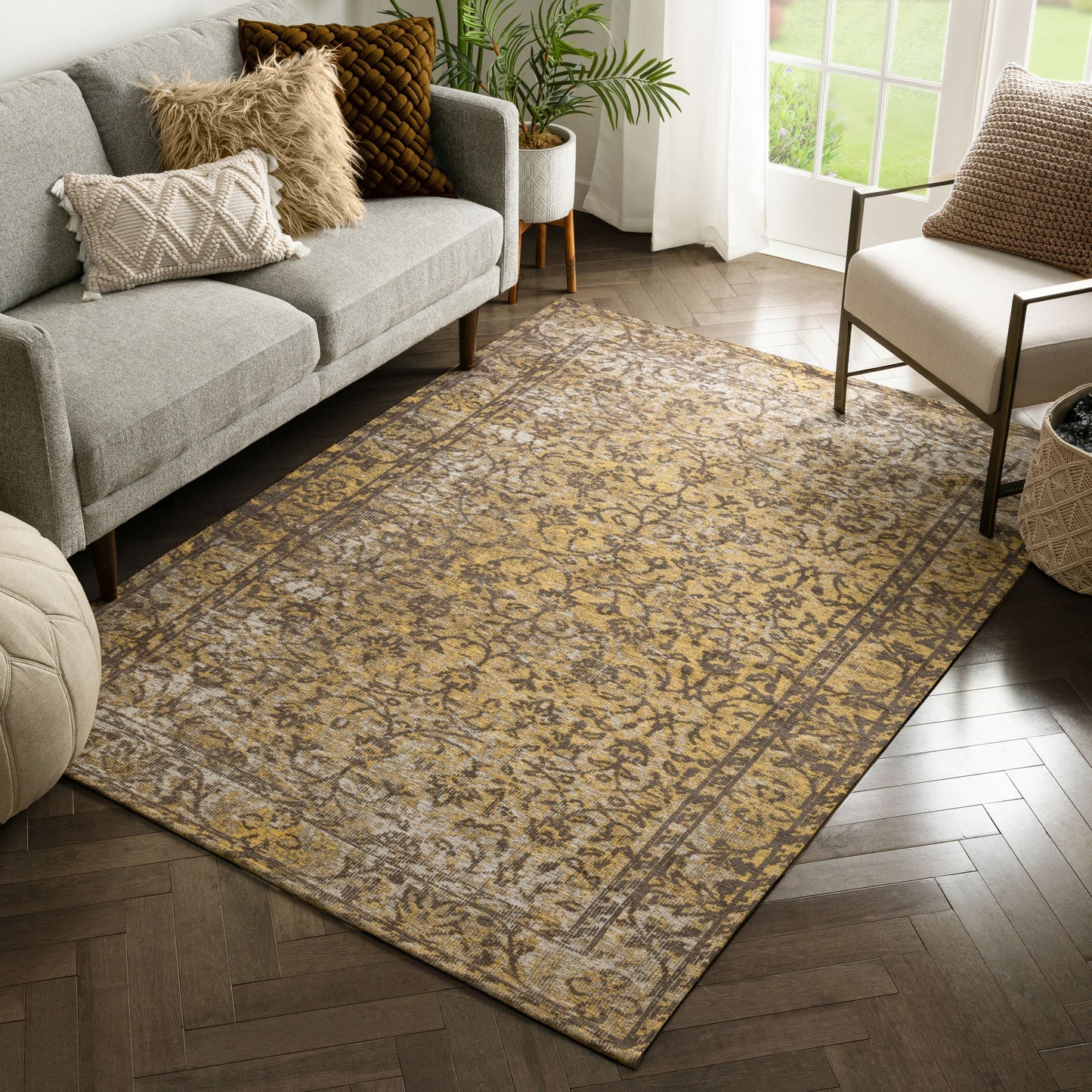 Nola Vintage Distressed Orietnal Floral Yellow Kilim-Style Rug LL-11