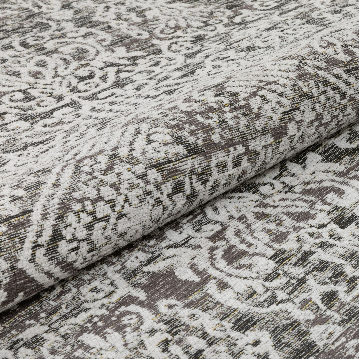 Cantu Vintage Distressed Damask Pattern Black Kilim-Style Rug LL-37