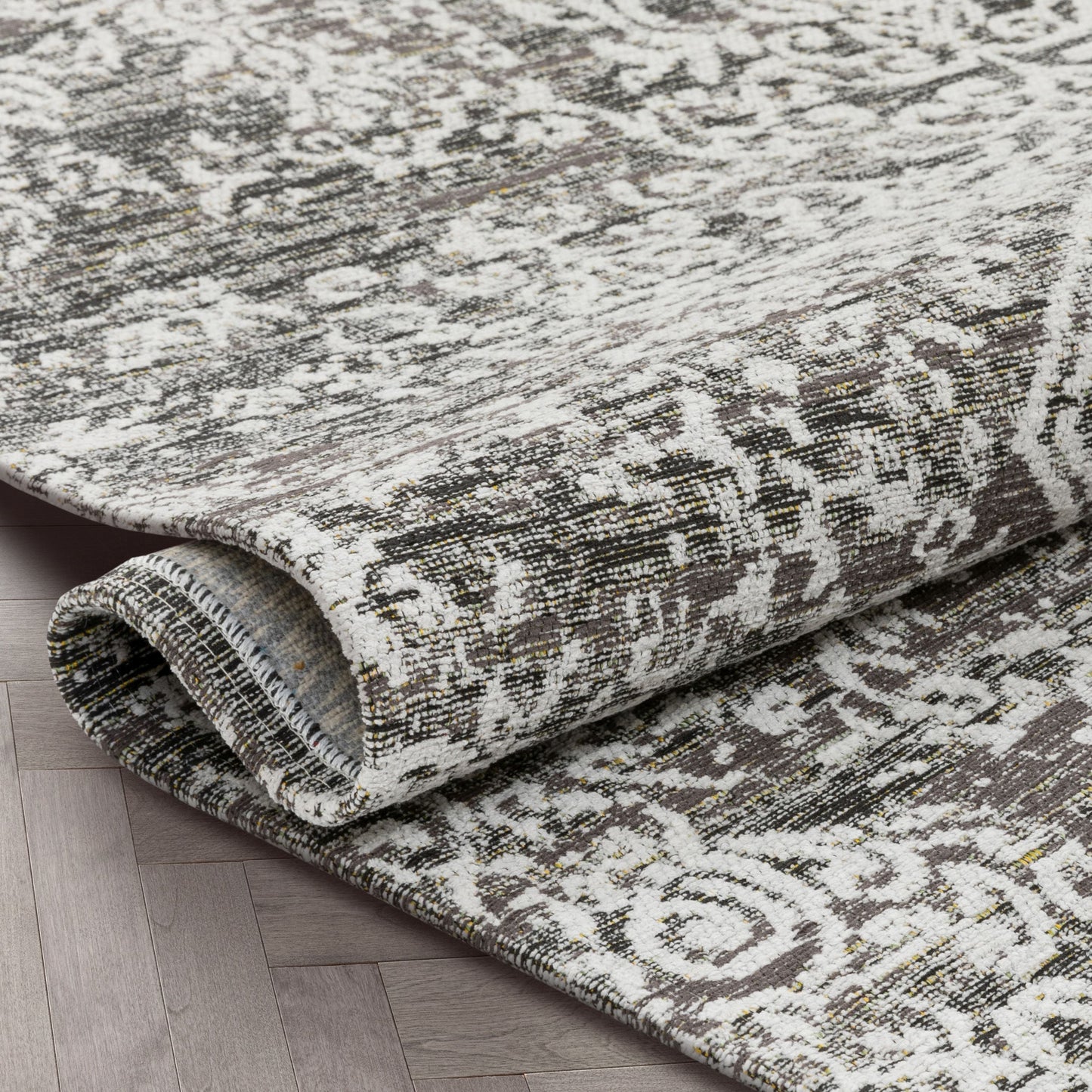 Cantu Vintage Distressed Damask Pattern Black Kilim-Style Rug LL-37