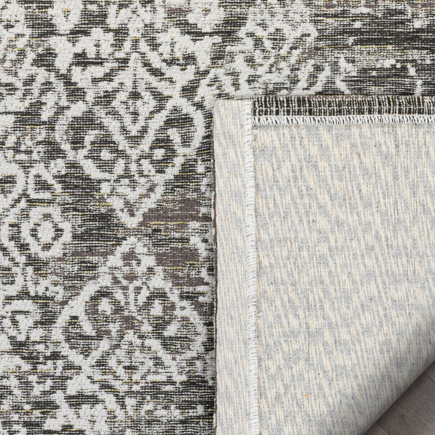 Cantu Vintage Distressed Damask Pattern Black Kilim-Style Rug LL-37