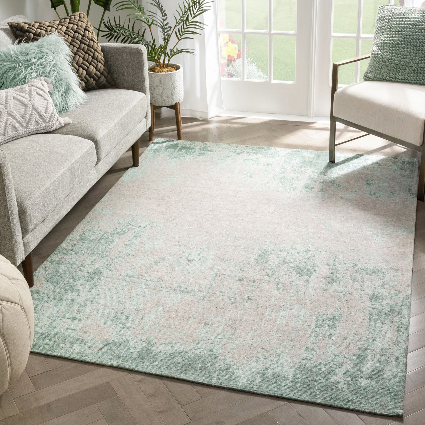 Sarno Modern Distressed Abstract Light Grey & Blue Kilim-Style Rug LL-66