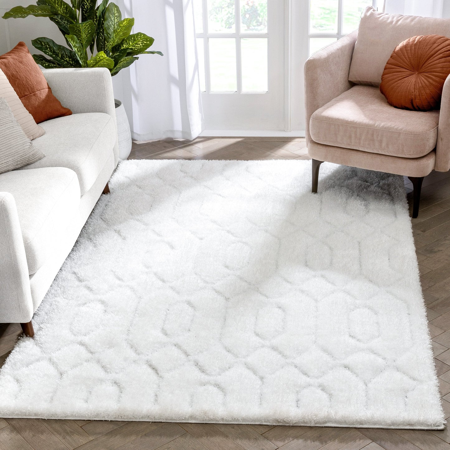 Winona Honeycomb Hexagon Pattern Shag Ivory 3D Textured Rug LOG-142