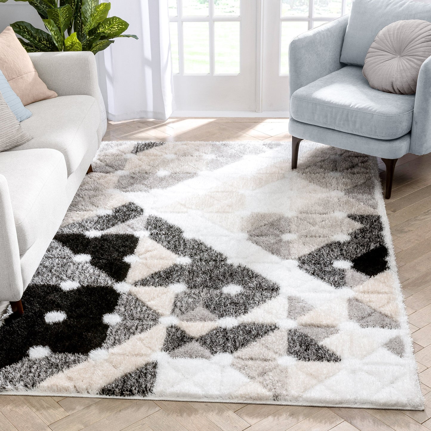 Riverton Geometric Pattern Shag Ivory Grey 3D Textured Rug LOG-52