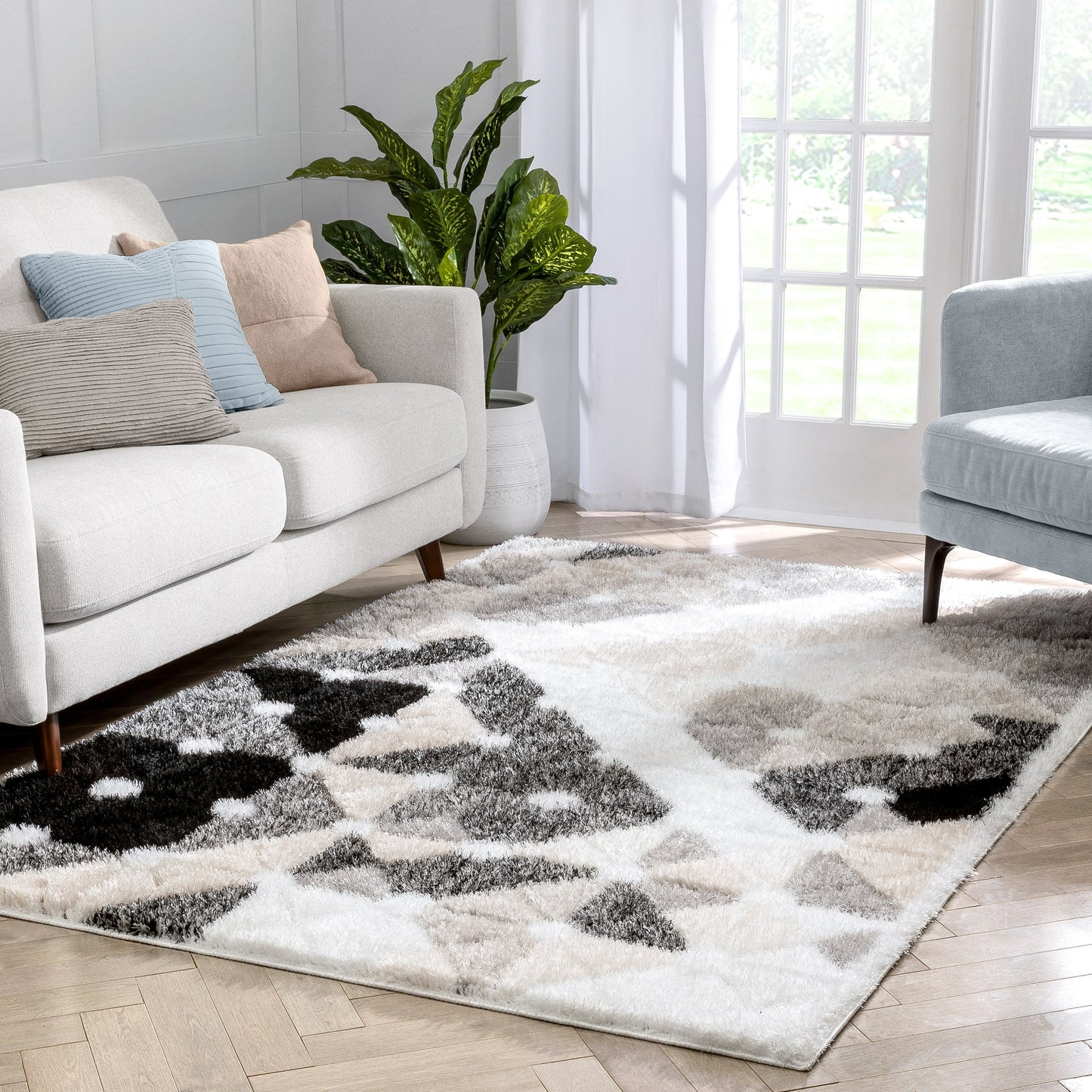 Riverton Geometric Pattern Shag Ivory Grey 3D Textured Rug LOG-52