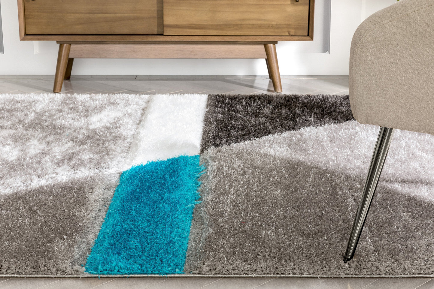 Mori Modern Abstract Geometric 3D Textured Shag Grey Blue Rug LOL-17