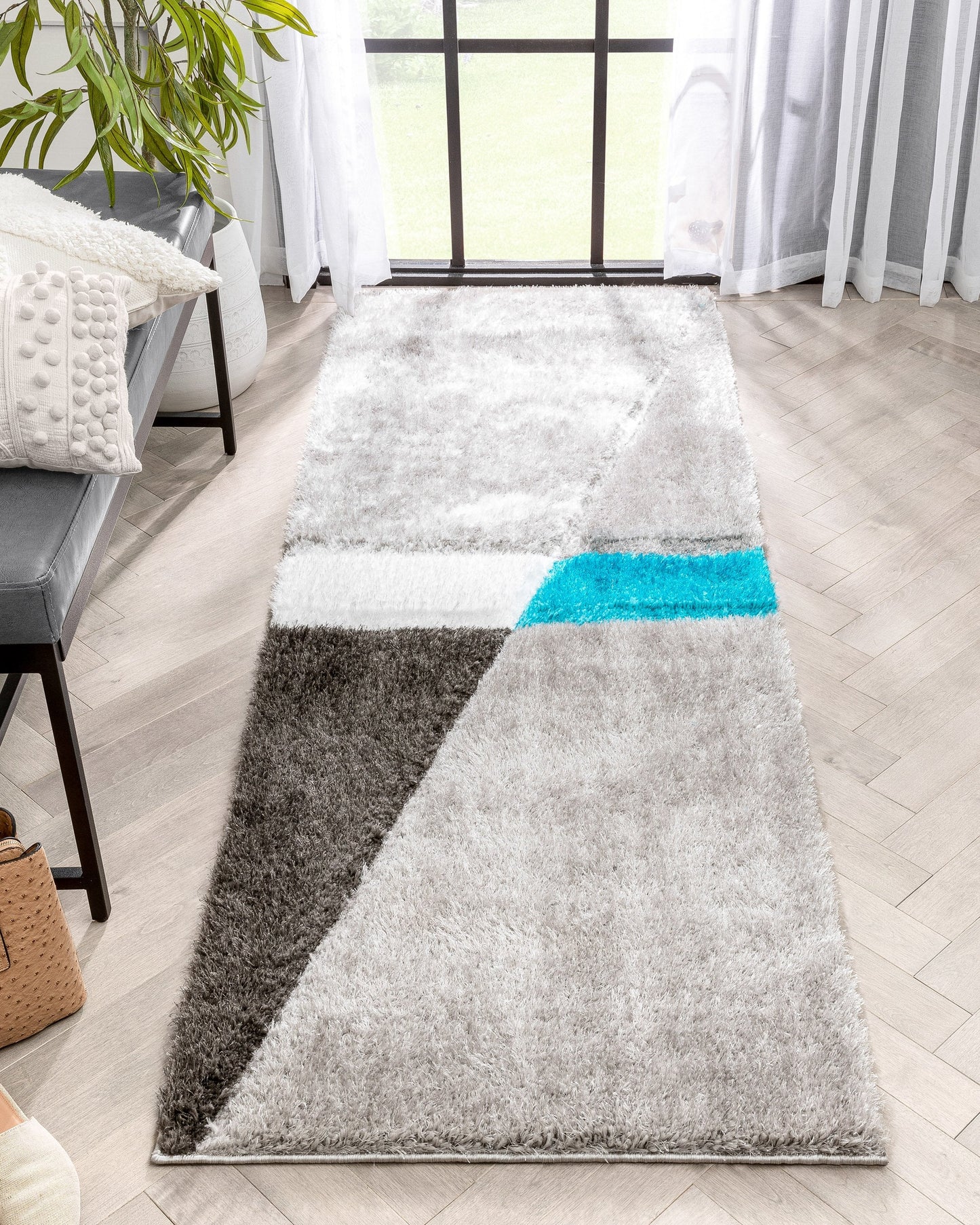 Mori Modern Abstract Geometric 3D Textured Shag Grey Blue Rug LOL-17