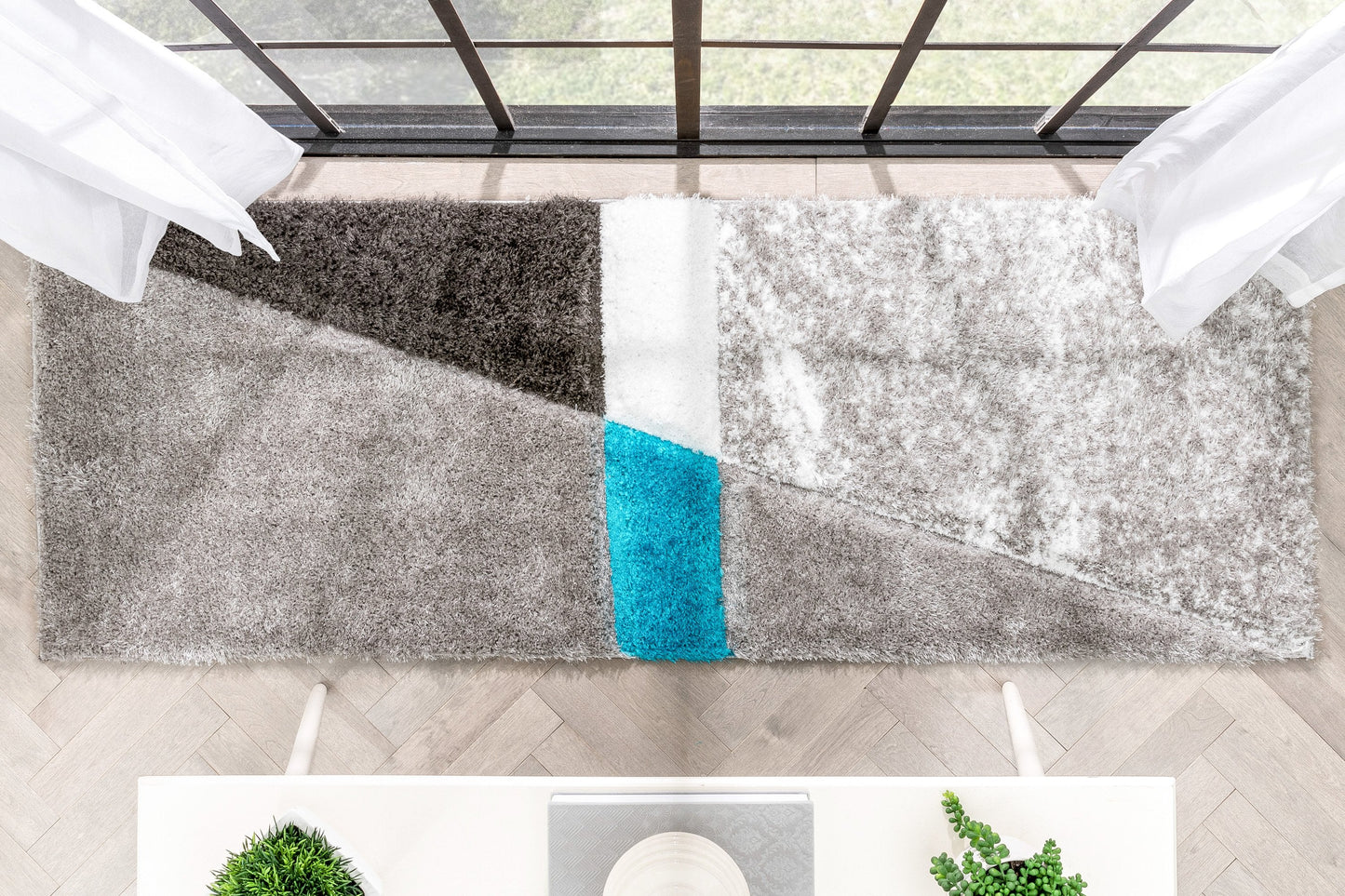 Mori Modern Abstract Geometric 3D Textured Shag Grey Blue Rug LOL-17