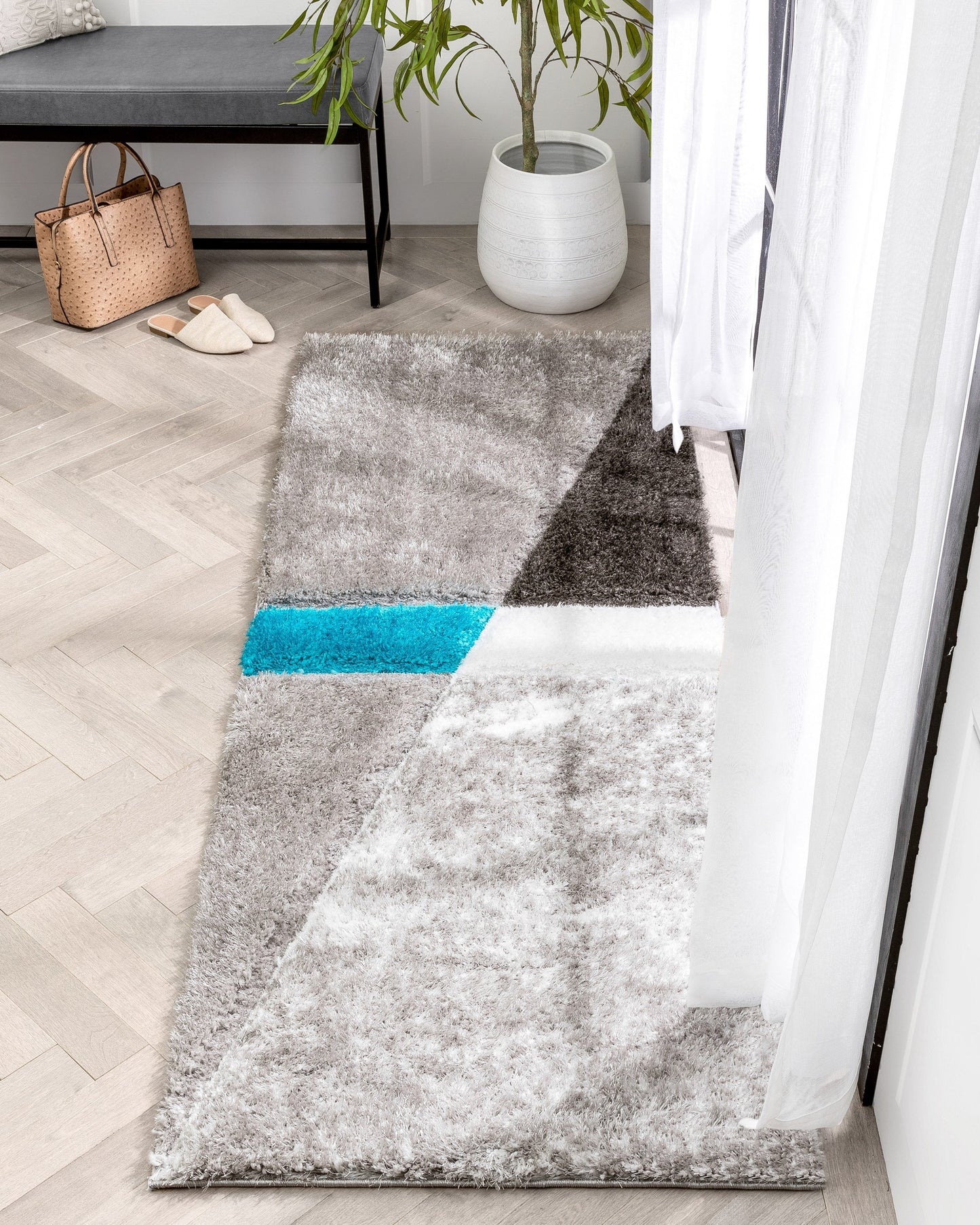 Mori Modern Abstract Geometric 3D Textured Shag Grey Blue Rug LOL-17