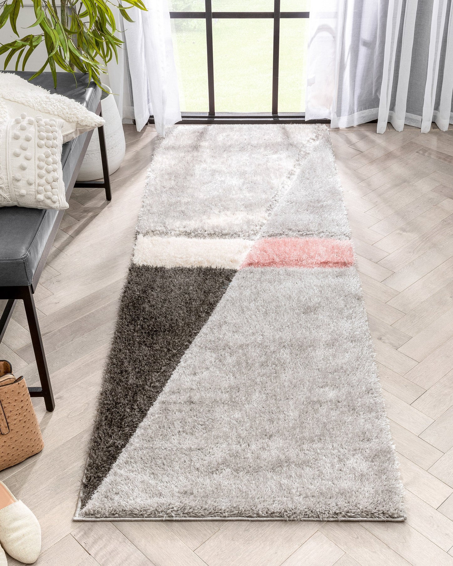 Mori Modern Abstract Geometric 3D Textured Shag Pink Grey Rug LOL-19