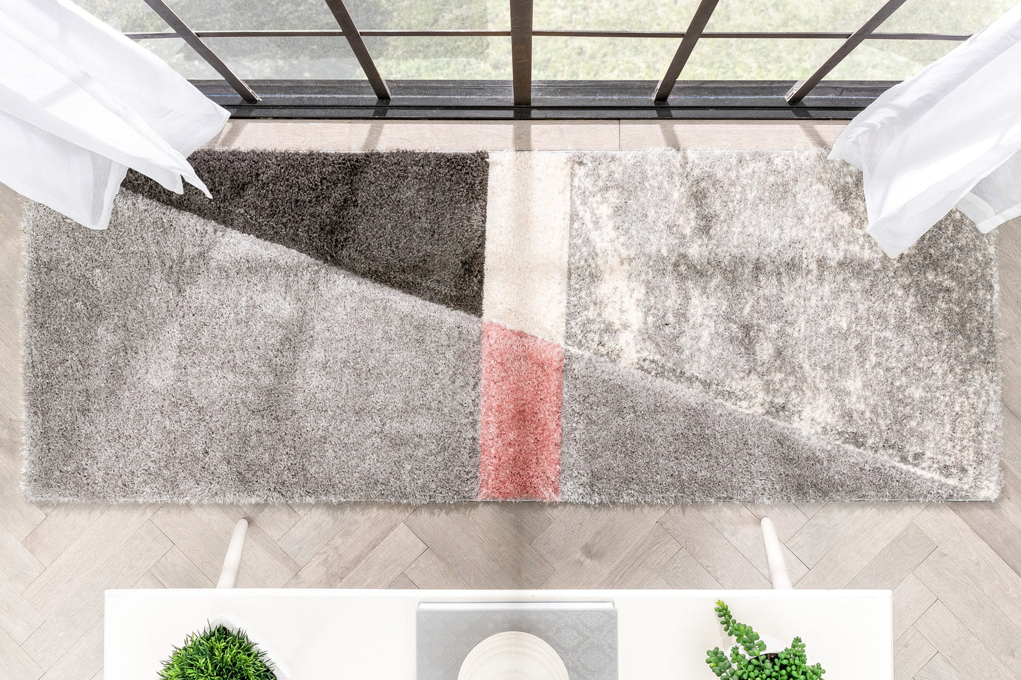 Mori Modern Abstract Geometric 3D Textured Shag Pink Grey Rug LOL-19