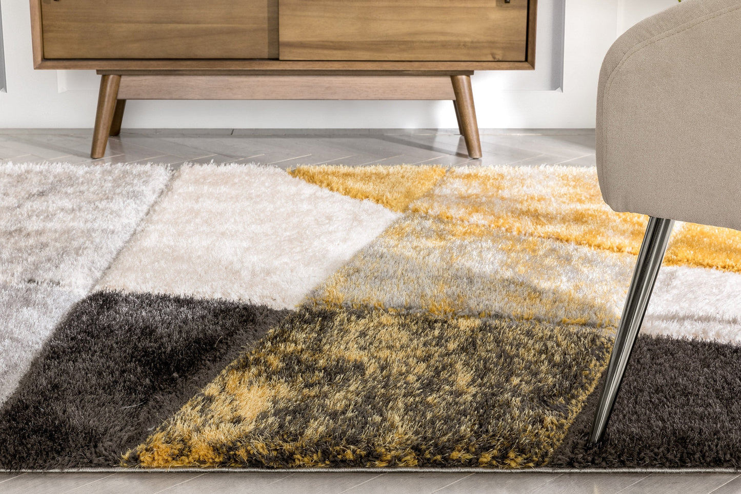 Remi Contemporary Geometric Boxes 3D Textured Shag Yellow Grey Rug LOL-21