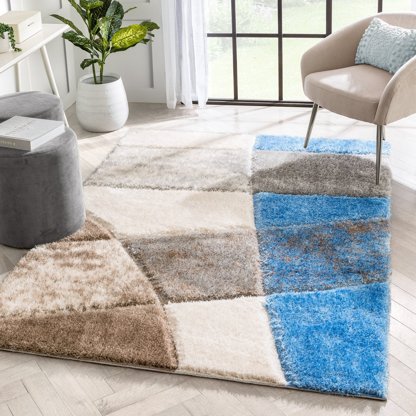 Remi Contemporary Geometric Boxes 3D Textured Shag Grey Light Blue Rug LOL-27