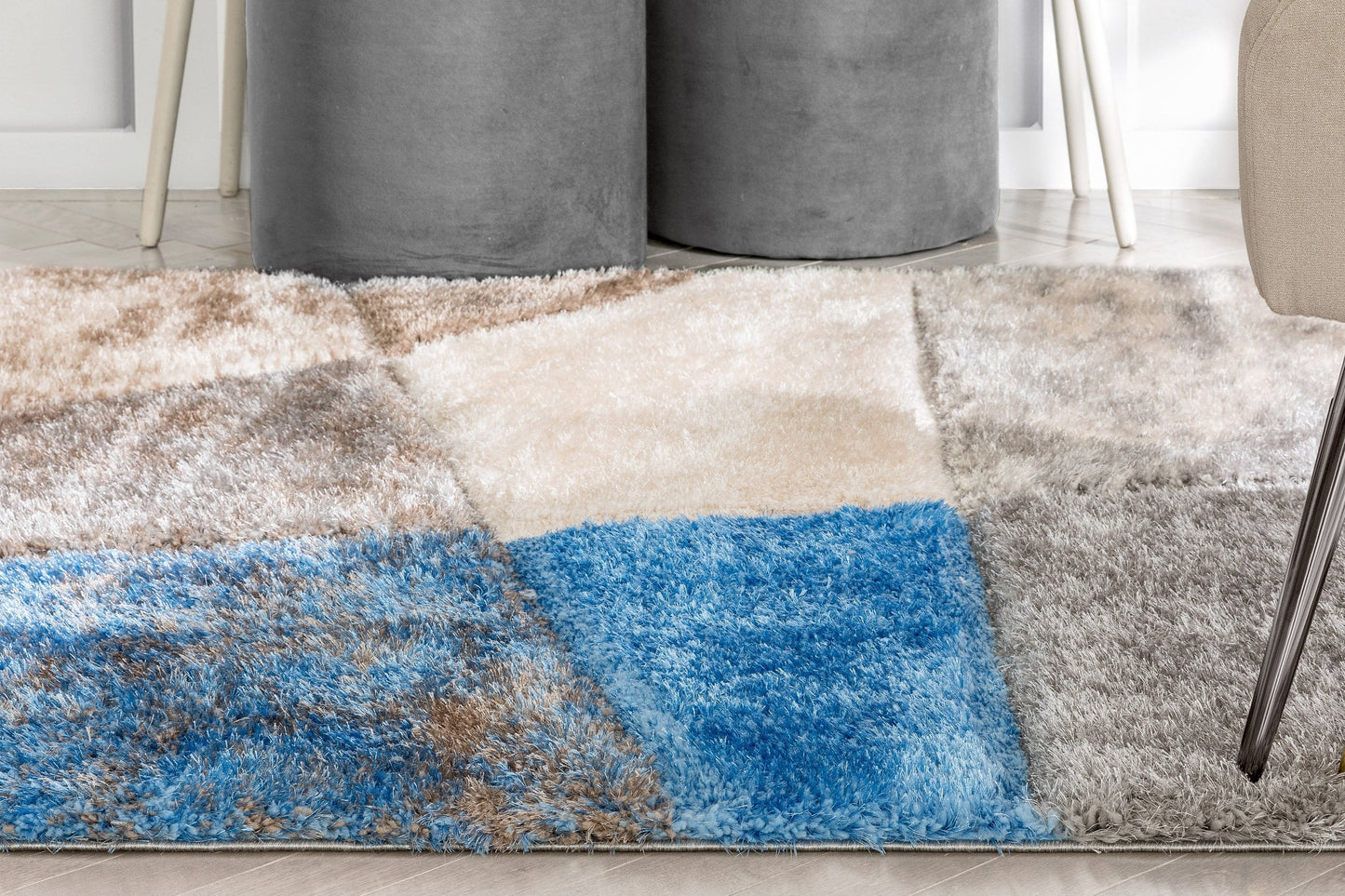 Remi Contemporary Geometric Boxes 3D Textured Shag Grey Light Blue Rug LOL-27