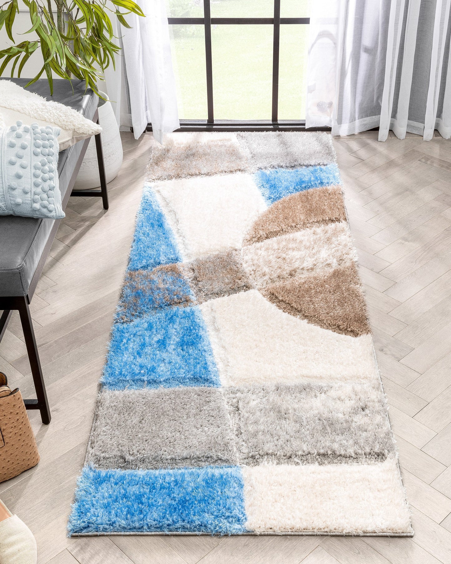 Remi Contemporary Geometric Boxes 3D Textured Shag Grey Light Blue Rug LOL-27