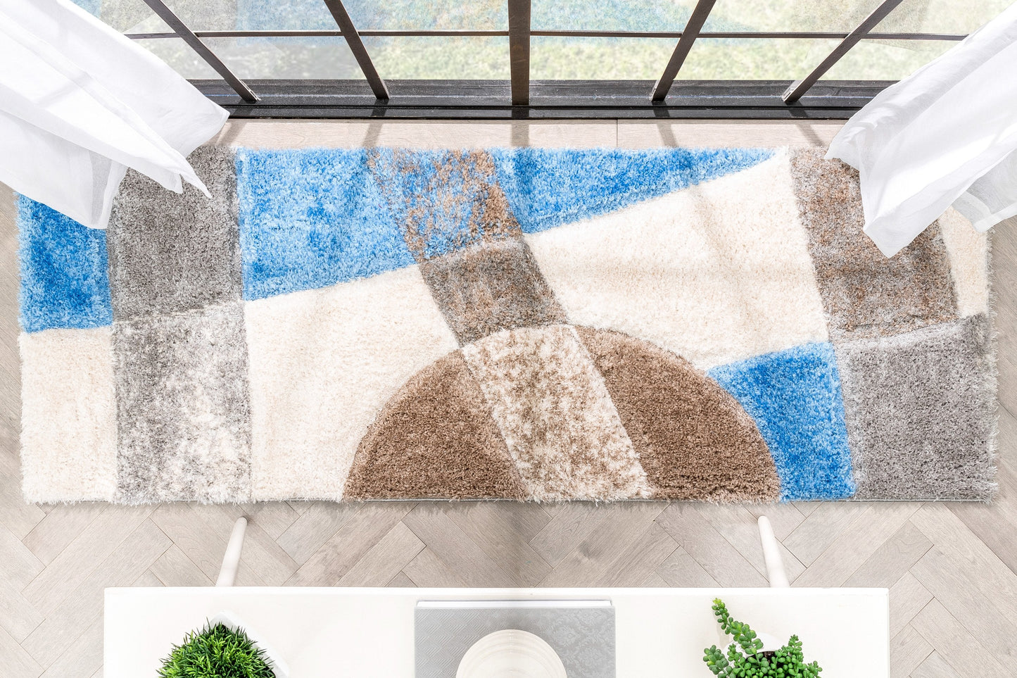 Remi Contemporary Geometric Boxes 3D Textured Shag Grey Light Blue Rug LOL-27