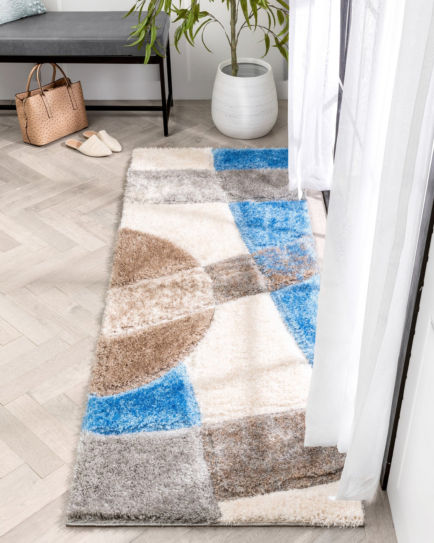 Remi Contemporary Geometric Boxes 3D Textured Shag Grey Light Blue Rug LOL-27