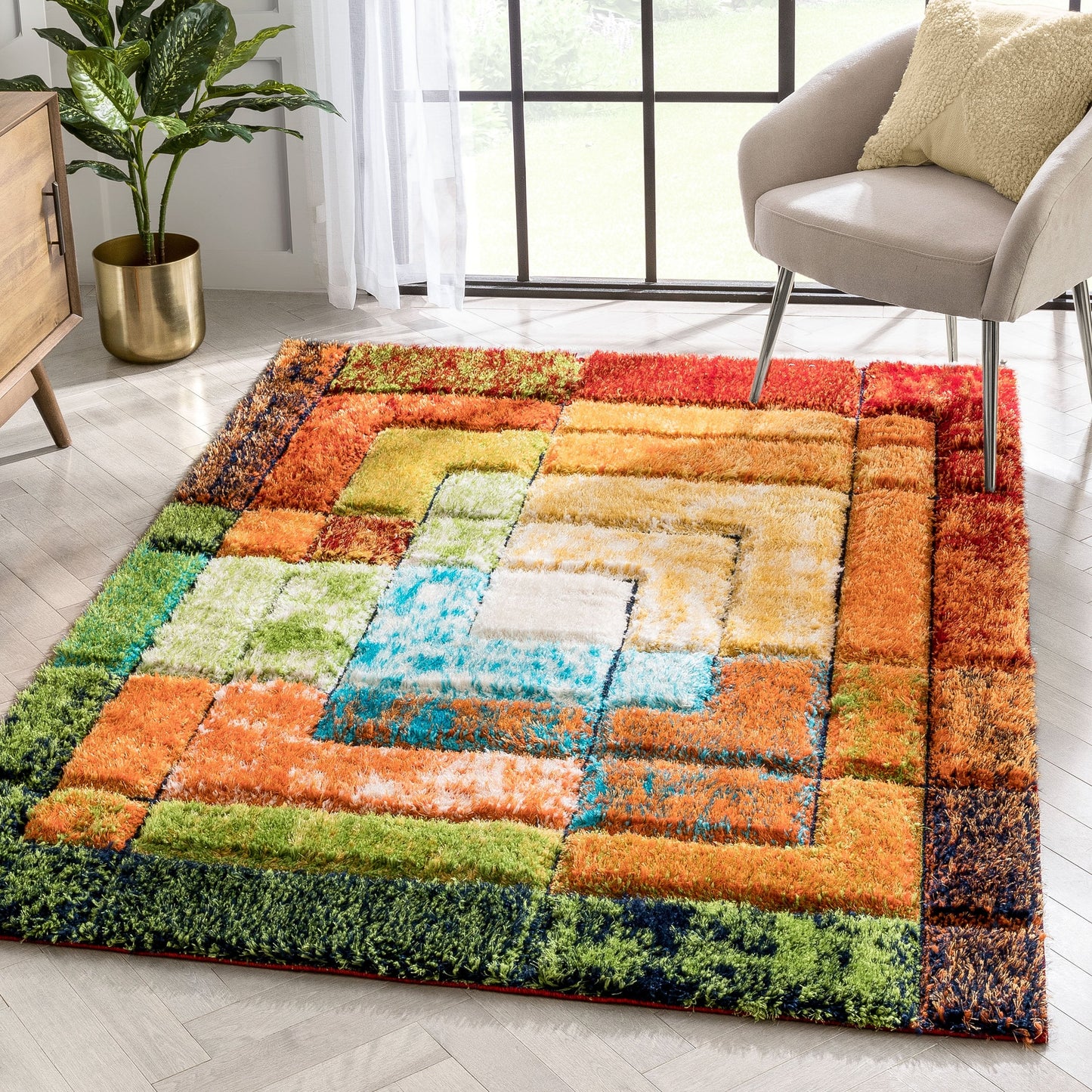 Kenzo Retro Geometric Pattern 3D Textured Shag Multi Rug LOL-30