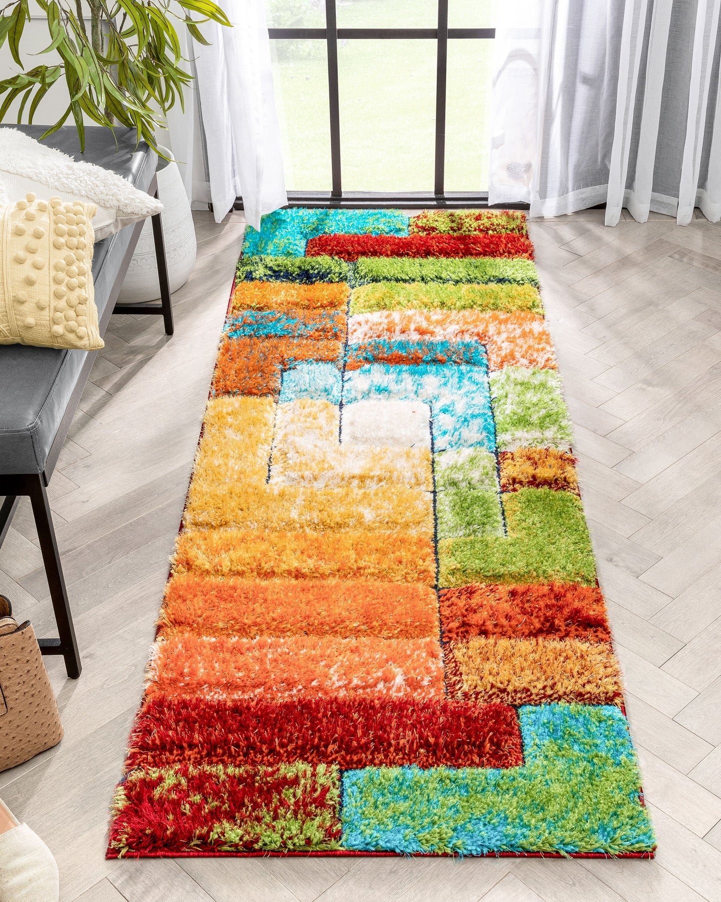 Kenzo Retro Geometric Pattern 3D Textured Shag Multi Rug LOL-30