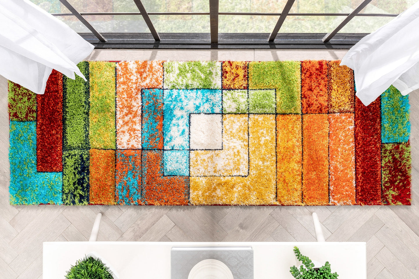 Kenzo Retro Geometric Pattern 3D Textured Shag Multi Rug LOL-30