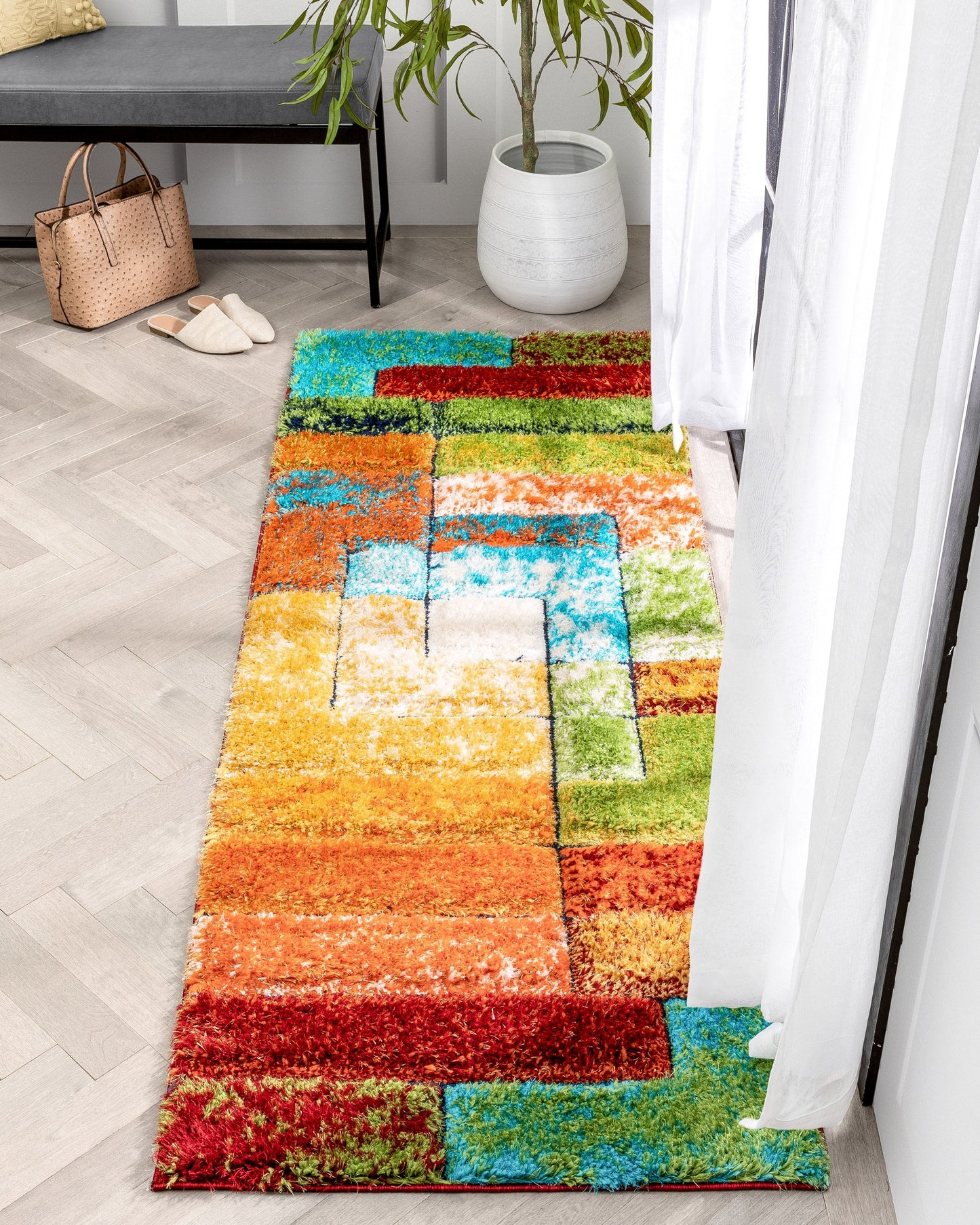 Kenzo Retro Geometric Pattern 3D Textured Shag Multi Rug LOL-30
