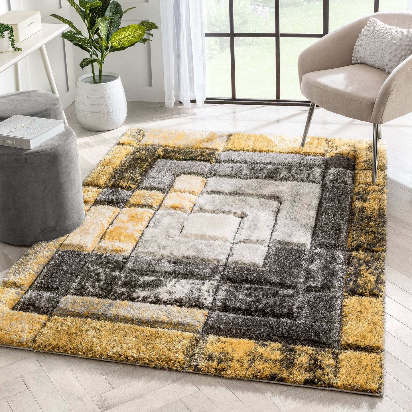 Kenzo Retro Geometric Pattern 3D Textured Shag Yellow Grey Rug LOL-31